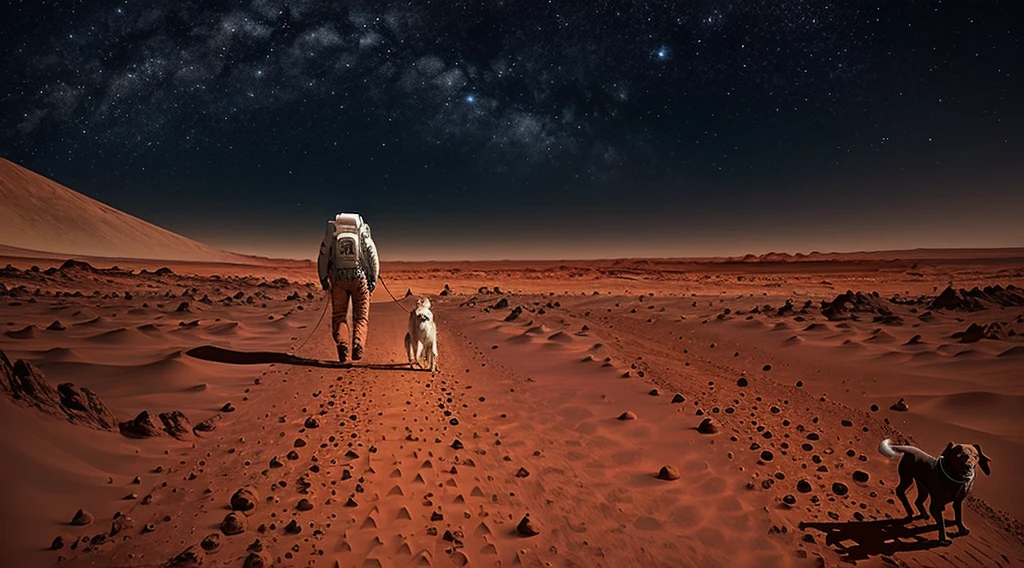 Man walking on Mars accompanied by his dog