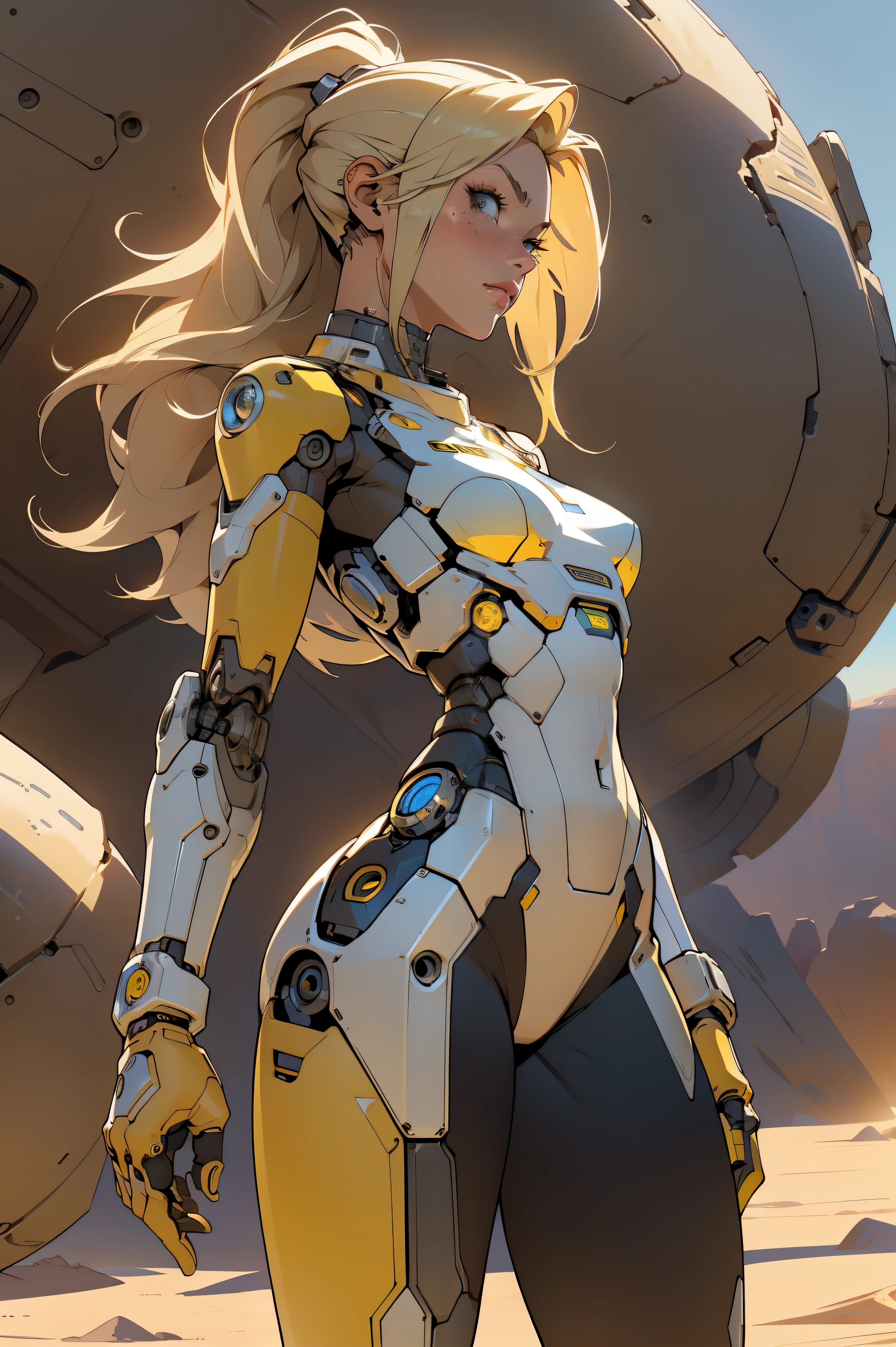 high quality, 4k, masterpiece, beautiful, cyborg girl, cowboy shot, dull eyes, side view, turning around to look at viewer, long blonde hair, girl, small breasts, fit thigh, robotic arms, robotic body, cyborg body, yellow accent, redaccent, intricate detail, joint, detailed lines, robotic detail, holding fist up, holding hand up as fist, color robotic parts, robotic parts with color, perfect fingers, on a desert planet, sunny background, colorful desert,