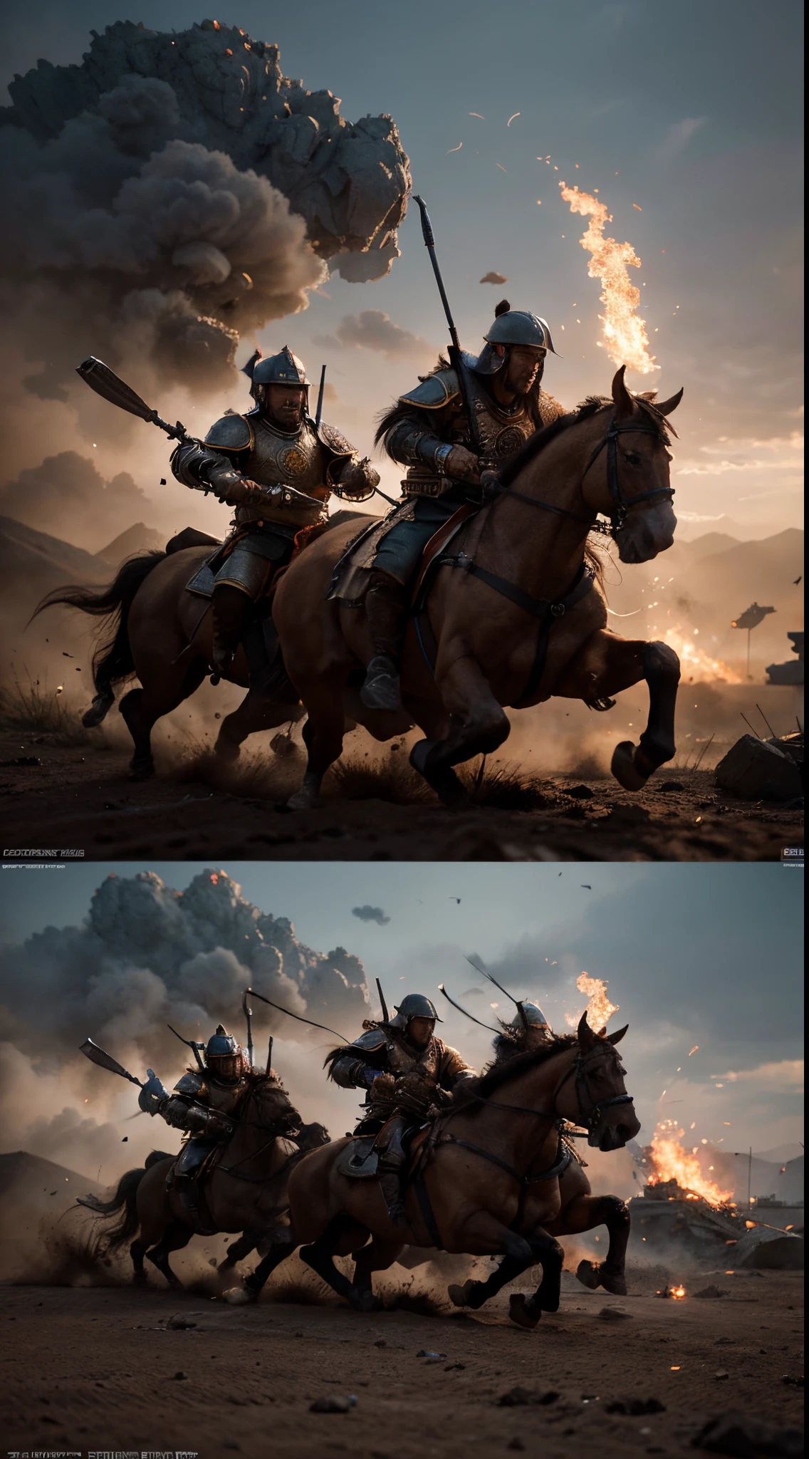 Generate a gripping 8K image portraying ((Genghis Khan)) with troops engaged in intense combat on the battlefield. Pay meticulous attention to hyperrealistic details in the soldiers' armor, weapons, and expressions, capturing the chaos and determination of war. Utilize HDR techniques to enhance the dynamic lighting and achieve a photorealistic quality. Implement Unreal Engine v5 for a seamless blend of 3D rendering and high-resolution professional photography, creating a visually immersive depiction of the fierce clash between Genghis Khan's forces and the enemy on the battlefield."