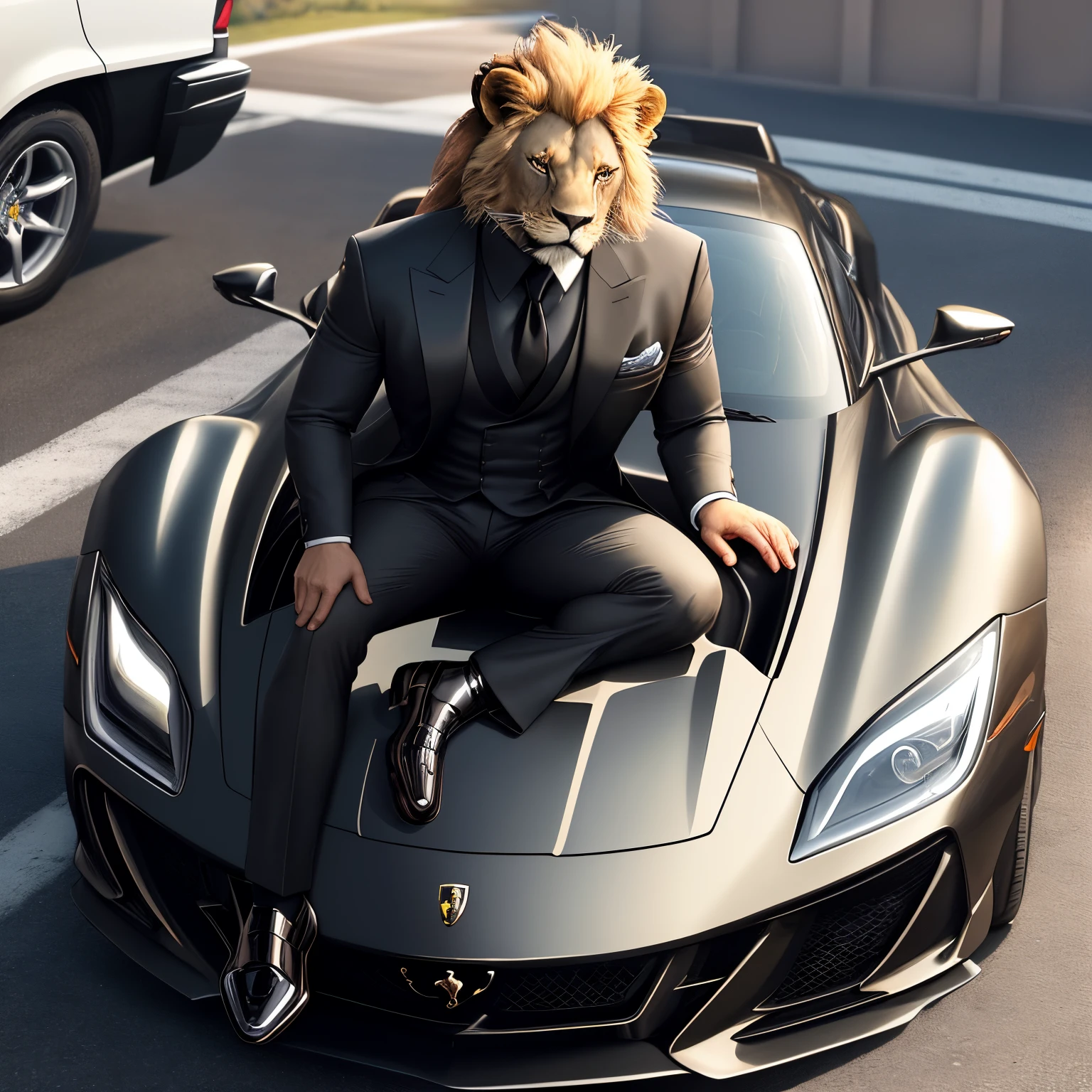 A lion-headed character wears an elegantly tailored black suit, conveying a sense of power and sophistication. confident facial expression.
ele&#39;is leaning against the front of a stunning black Ferrari, cuja pintura brilha sob a luz. The elegance of the vehicle perfectly matches the magnetic presence of the character in a black suit.... 
ao lado do personagem, uma sacola de dinheiro transportada com notas que voam ao redor. Money is scattered on the floor, criando uma imagem de riqueza e prosperidade. Essa cena representa sucesso, financial power and an aura of absolute dominance