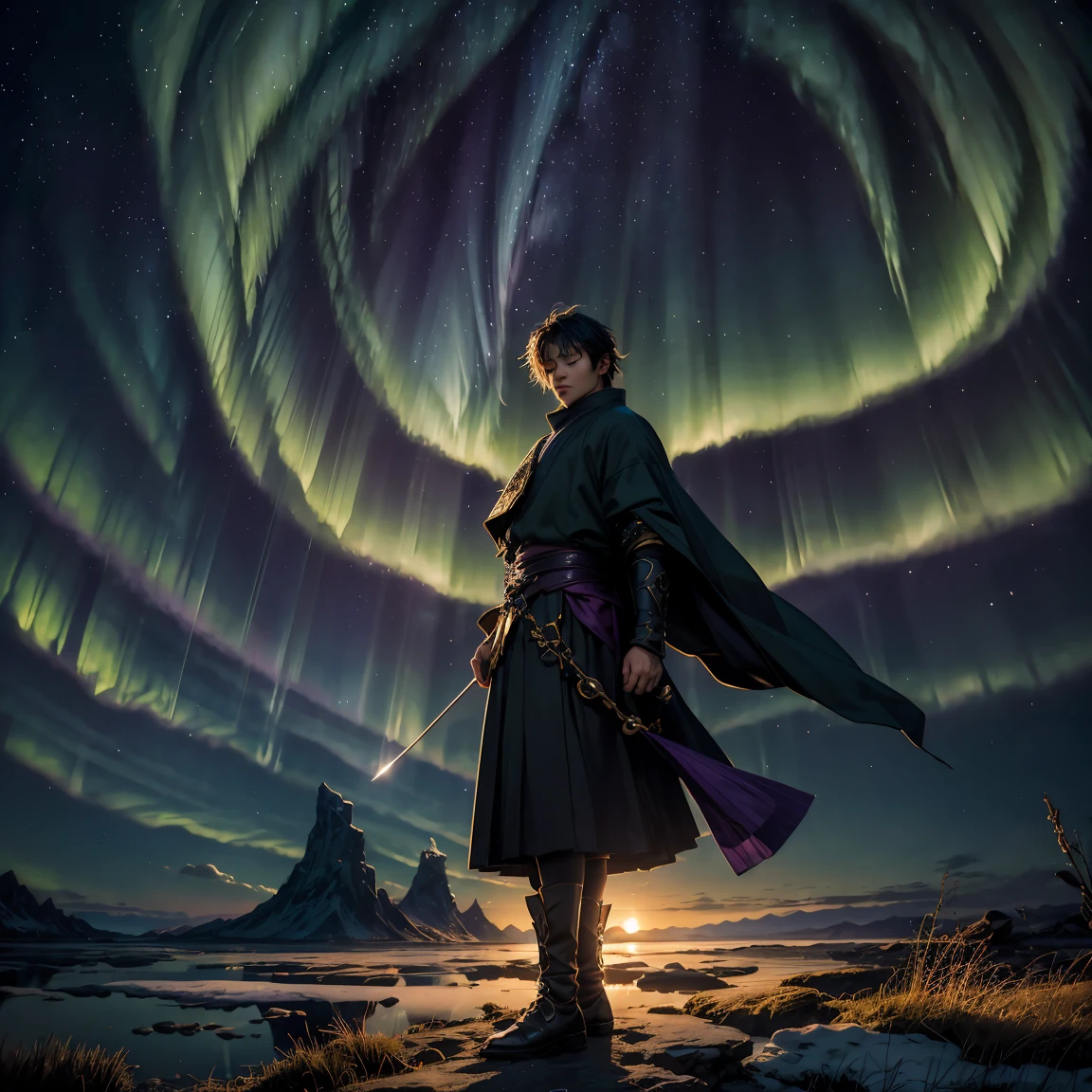 Prompt: "Describe the majestic scene of a character named Gojo Satoru standing under a brilliant full moon, eyes closed, in a leaning pose. The night sky is adorned with countless stars, and the captivating Aurora Borealis paints the sky in shades of purples and greens."