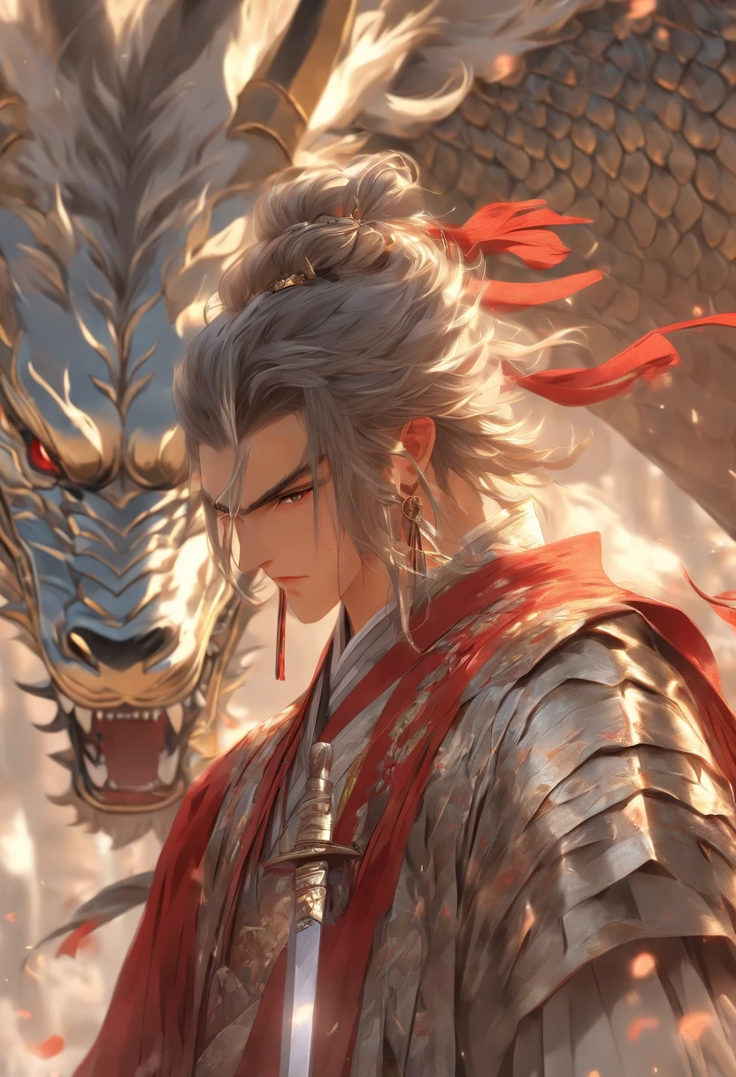 (tmasterpiece), (Best quality at best), Cinematic quality,Rendered by Octane,Ultra-detailed details,1 boy,Face of a young man,Facial detail portrayal,Perfect facial features,(The air is filled with silver metal:1.5),staredown, watch audience, (Ancient Chinese Hanfu:1.2),(Full body lesbian:1.3), (holding a longsword:1.2), (Behind him,Featuring a giant black metal dragon。:1.5)
