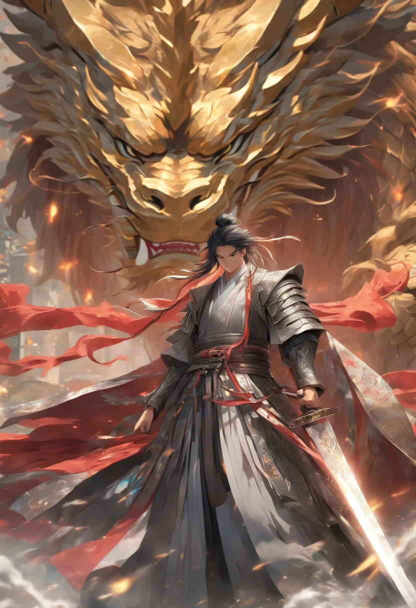 (tmasterpiece), (Best quality at best), Cinematic quality，Rendered by Octane，Ultra-detailed details，1 boy，Face of a young man，Facial detail portrayal，Perfect facial features，(The air is filled with silver metal:1.5)，staredown, watch audience, (Ancient Chinese Hanfu:1.2),（Full body lesbian：1.3）， (holding a longsword:1.2), （Behind him，Featuring a giant black metal dragon。：1.5）