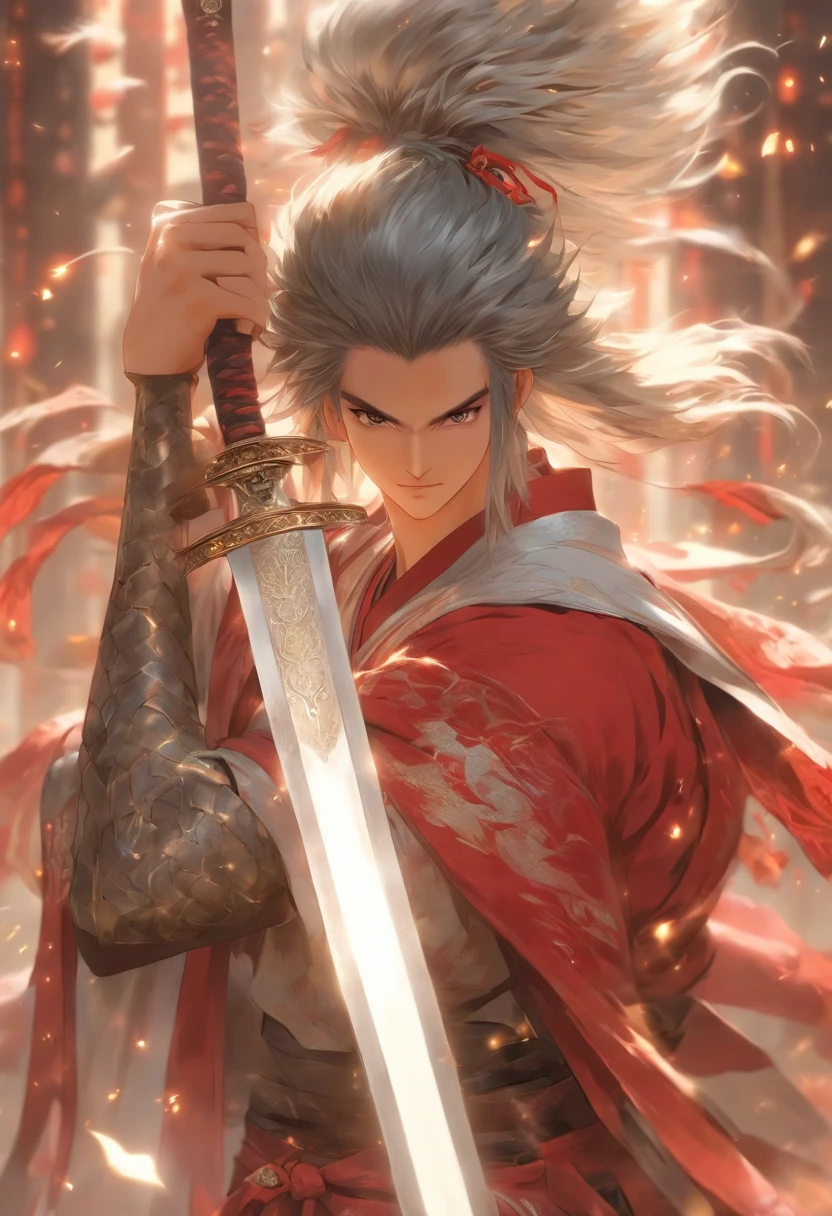 (tmasterpiece), (Best quality at best), Cinematic quality,Rendered by Octane,Ultra-detailed details,1 boy,Face of a young man,Facial detail portrayal,Perfect facial features,(The air is filled with silver metal:1.5),staredown, watch audience, (Ancient Chinese Hanfu:1.2),(Full body lesbian:1.3), (holding a longsword:1.2), (Behind him,Featuring a giant black metal dragon。:1.5)