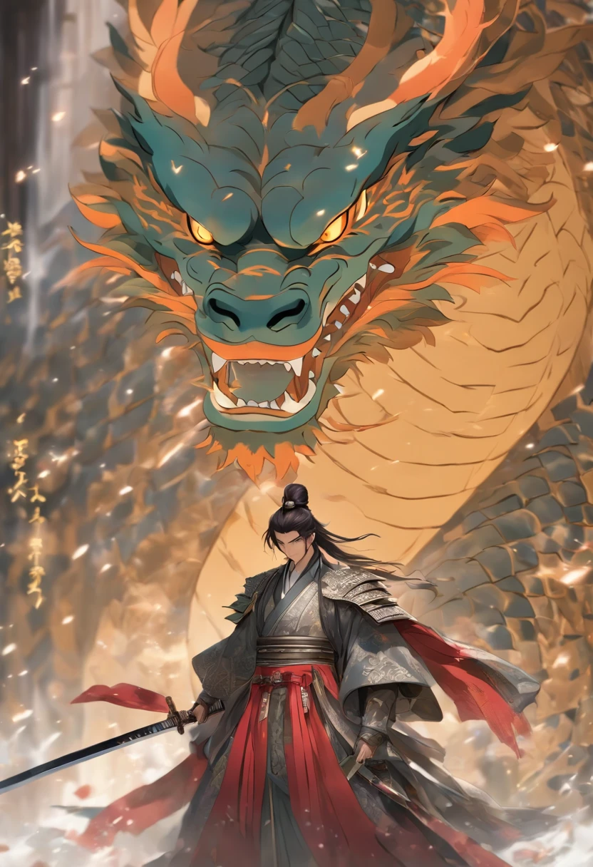 (tmasterpiece), (Best quality at best), Cinematic quality，Rendered by Octane，Ultra-detailed details，1 boy，Face of a young man，Facial detail portrayal，Perfect facial features，(The air is filled with silver metal:1.5)，staredown, watch audience, (Ancient Chinese Hanfu:1.2),（Full body lesbian：1.3）， (holding a longsword:1.2), （Behind him，Featuring a giant black metal dragon。：1.5）