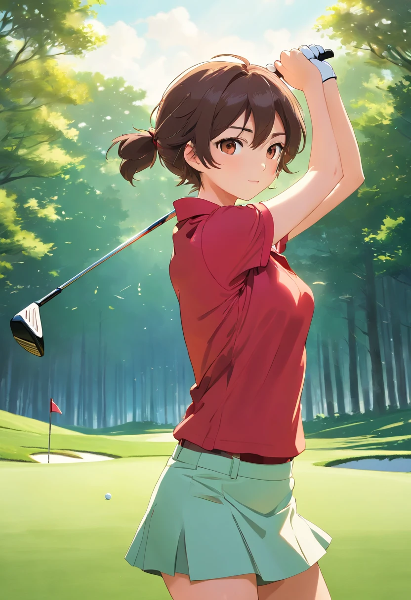 (golf),(best quality,ultra-detailed,highres:1.2),professional,portrait,landscape,vivid colors,sharp focus,studio lighting,physically-based rendering,fine details,beautiful golf course,man in a golf swing,green grass,blue sky,well-groomed fairways,focus on the golfer's swing,body movement captured,perfectly timed shot,clear visibility,impressive golf swing,striking red polo shirt,expert golfer,strong grip on the club,side angle view,triumphant expression after a successful swing,audience watching in awe,warm sunlight illuminating the scene.