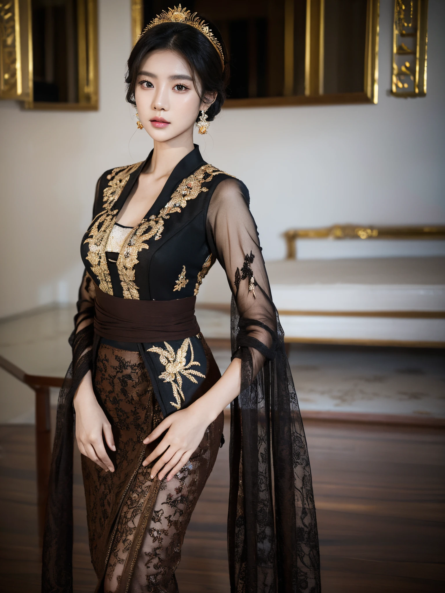 1girl, 175cm,korean model, golden Chinese headress, very wet skin, facial expression, 23 years old, soft body, black hair, wavy hair,whole body, hair reaches waist, whole body,((head to leg)), black bracelets, black chain,((wearing brown Kebaya)), floral pattern long skirt, large earrings,close-up, 8k, RAW photo, best quality, masterpiece,realistic, elegant standing pose, photo-realistic,seductive,cute,royal palace background, rchelcia, looking into viewer