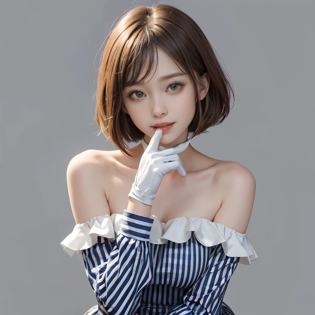 masutepiece, Best Quality,, CurrenChan (Umamusume), Smile, Sitting,, vertical-striped dress, Bare shoulders, off shoulders, Closed mouth, Long sleeves, Collared dress, gloves, own hands together, hand on chin,, Upper body,,