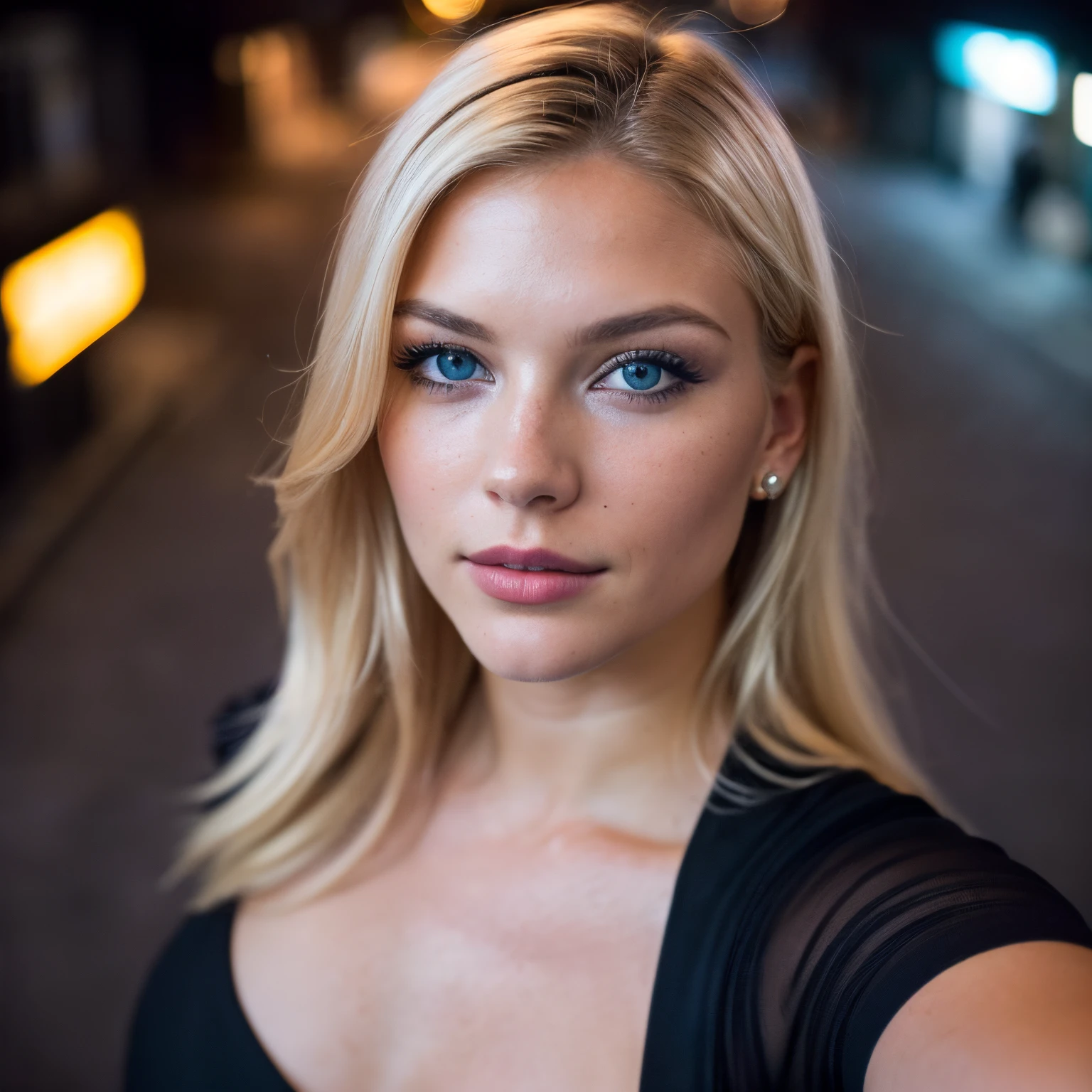 (selfie, top view: 1.4), (straight half of the body: 1.4), RAW UHD portrait photo of a 24-year-old blonde (blue-eyed woman) walking down a dark alley, large breasts,, city at night, (dress), (neckline), details (textures! , hair! , glitter, color!! , disadvantages: 1.1), glossy eyes with high detail (looking at the camera), SLR lighting, SLR camera, ultra-quality, sharpness, depth of field, film grain (center), Fujifilm XT3, crystal clear, frame center, beautiful face, sharp focus, street lamp, neon lighting, bokeh (dimly lit), night, (night sky), detailed skin pores, oily skin, sunburn, complex eye details, full body, large breasts