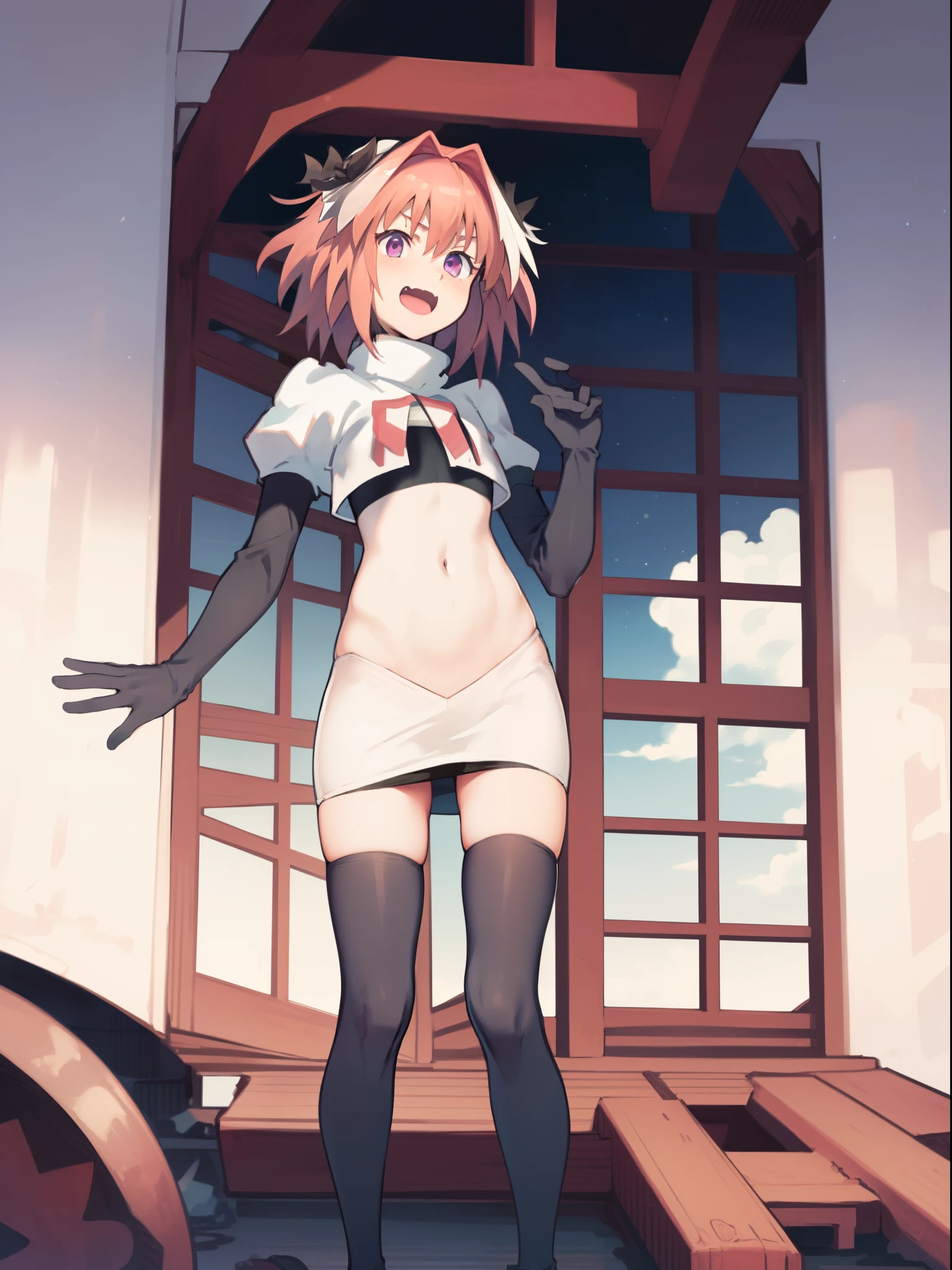 absurdres, masterpiece, best quality, (astolfo fate:1.2155), 1boy, male focus, trap, pink multicolored hair, pink hair, white hair, hair intakes, long hair, pink detailed eyes, crossdressing,1boy,team rocket,team rocket uniform,white skirt,crop top,black thigh-highs,black elbow gloves,