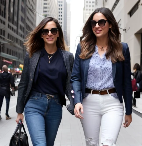 Rubby y erikka con jeans caminando por wall street