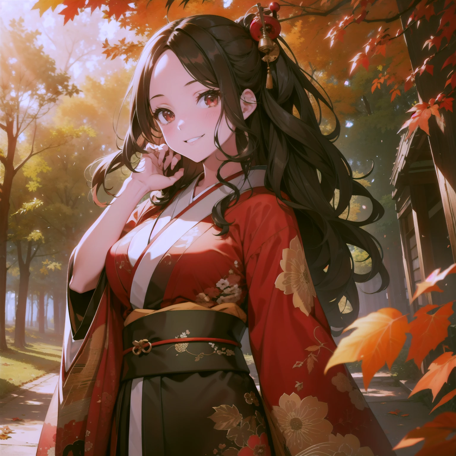 (masutepiece,Best Quality,8K),(extremely detailed CG1.1),s girl,Smile,large boob,(From below:1.2),Intricate details , Hyper realistic, Perfect Anatomy,A dark-haired,Red Eyes,(((Forehead))),Permed hair with wavy hair,(((length hair))),Hair over one eye,hair slicked back,Full body,(((Kimono))),blush,Happy smile,Forest with deepening autumn leaves,Colored leaves,Lens Flare,Wind,Magnificent view,(chromatic abberation:1.3),Dynamic Angle,Cowboy Shot,Looking at Viewer,cafes