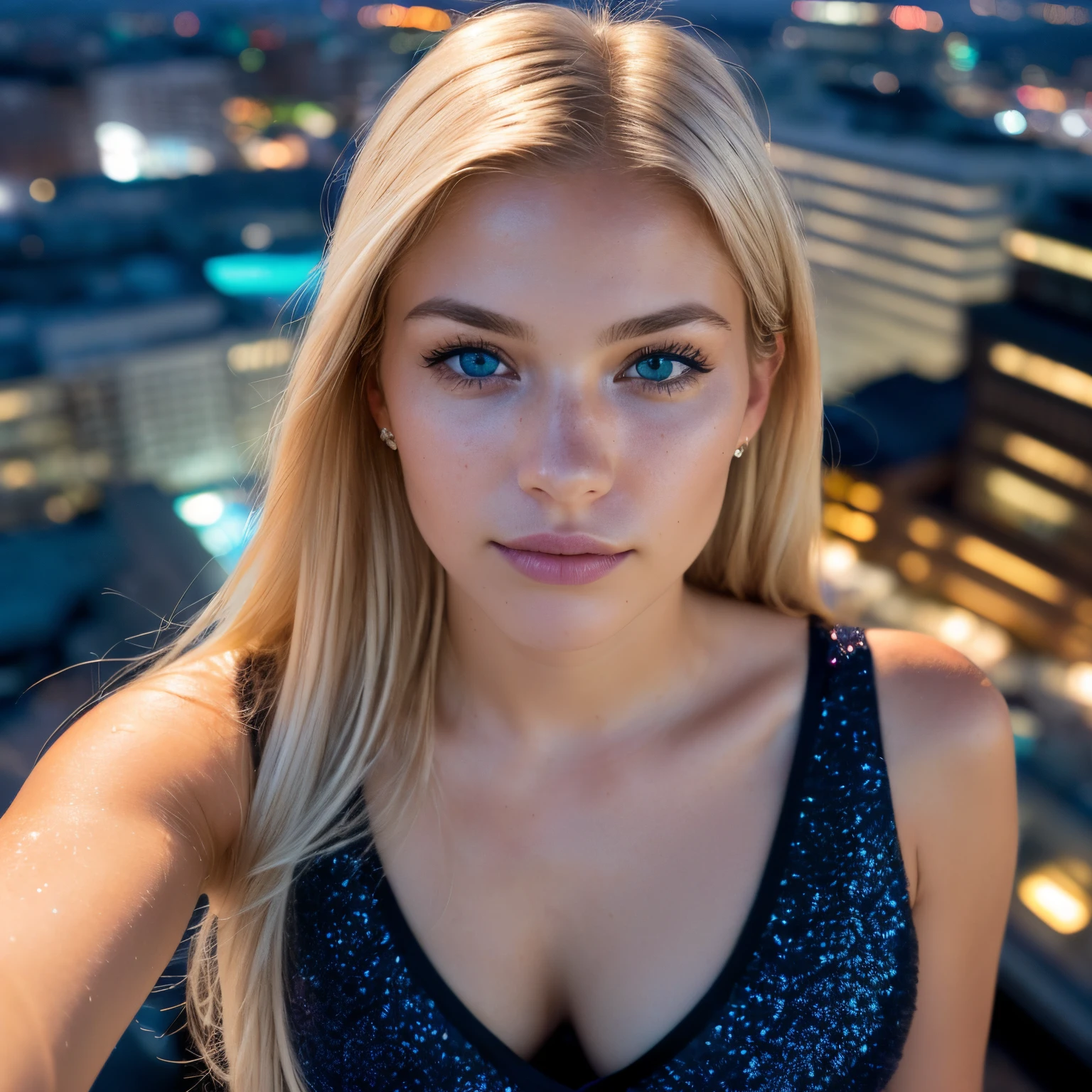 (selfie, top view: 1.4), (straight half of the body: 1.4), RAW UHD portrait photo of a 21-year-old blonde (blue-eyed woman) standing in rooftop club next to infinity pool, (skirt), (neckline), details (textures! , hair! , glitter, color!! , disadvantages: 1.1), glossy eyes with high detail (looking at the camera), SLR lighting, SLR camera, ultra-quality, sharpness, depth of field, film grain (center), Fujifilm XT3, crystal clear, frame center, beautiful face, sharp focus, street lamp, neon lighting, bokeh (dimly lit), night, (night sky), detailed skin pores, oily skin, sunburn, complex eye details, full body, large breasts