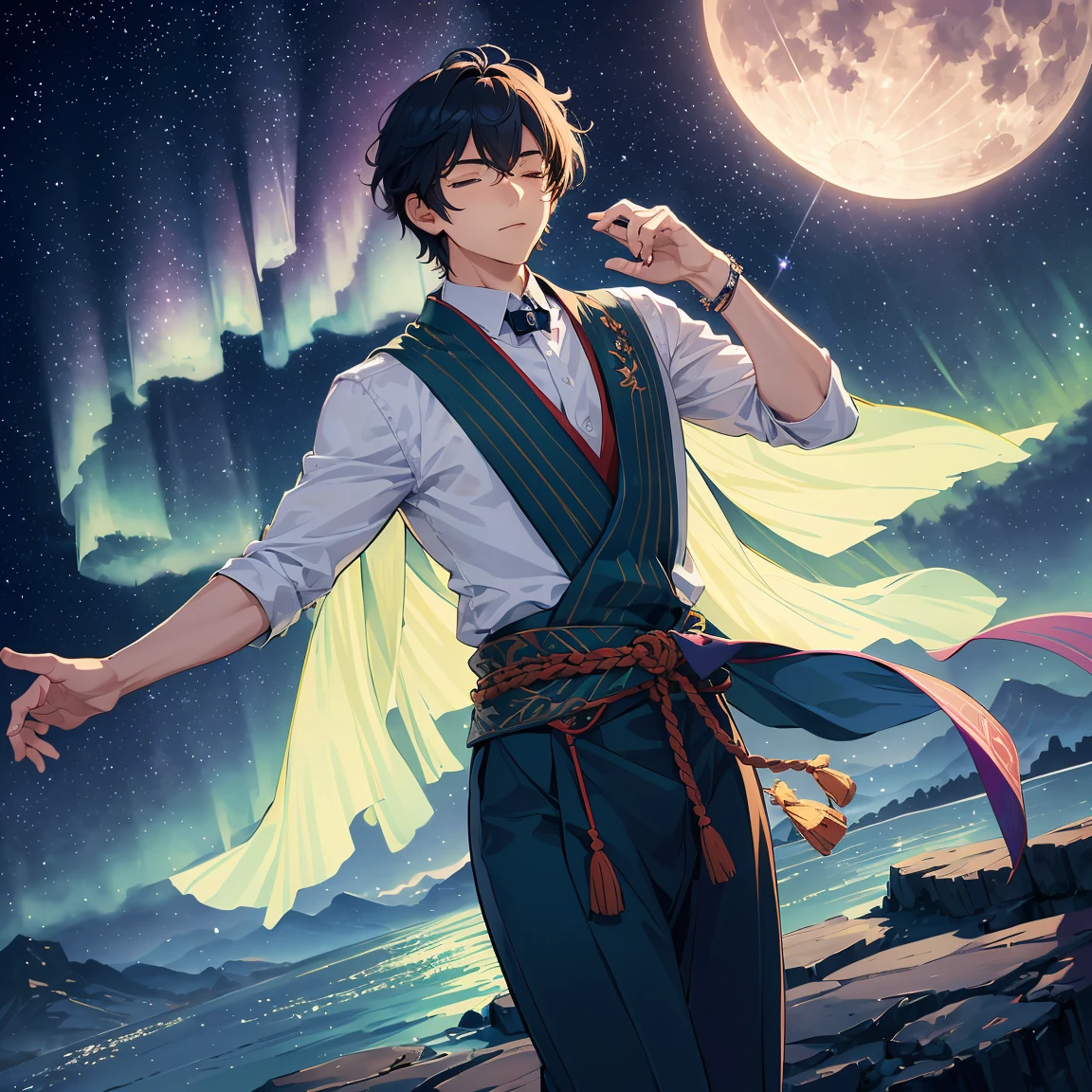 Prompt: "Describe the majestic scene of a character named Gojo Satoru standing under a brilliant full moon, eyes closed, in a leaning pose. The night sky is adorned with countless stars, and the captivating Aurora Borealis paints the sky in shades of purples and greens."
