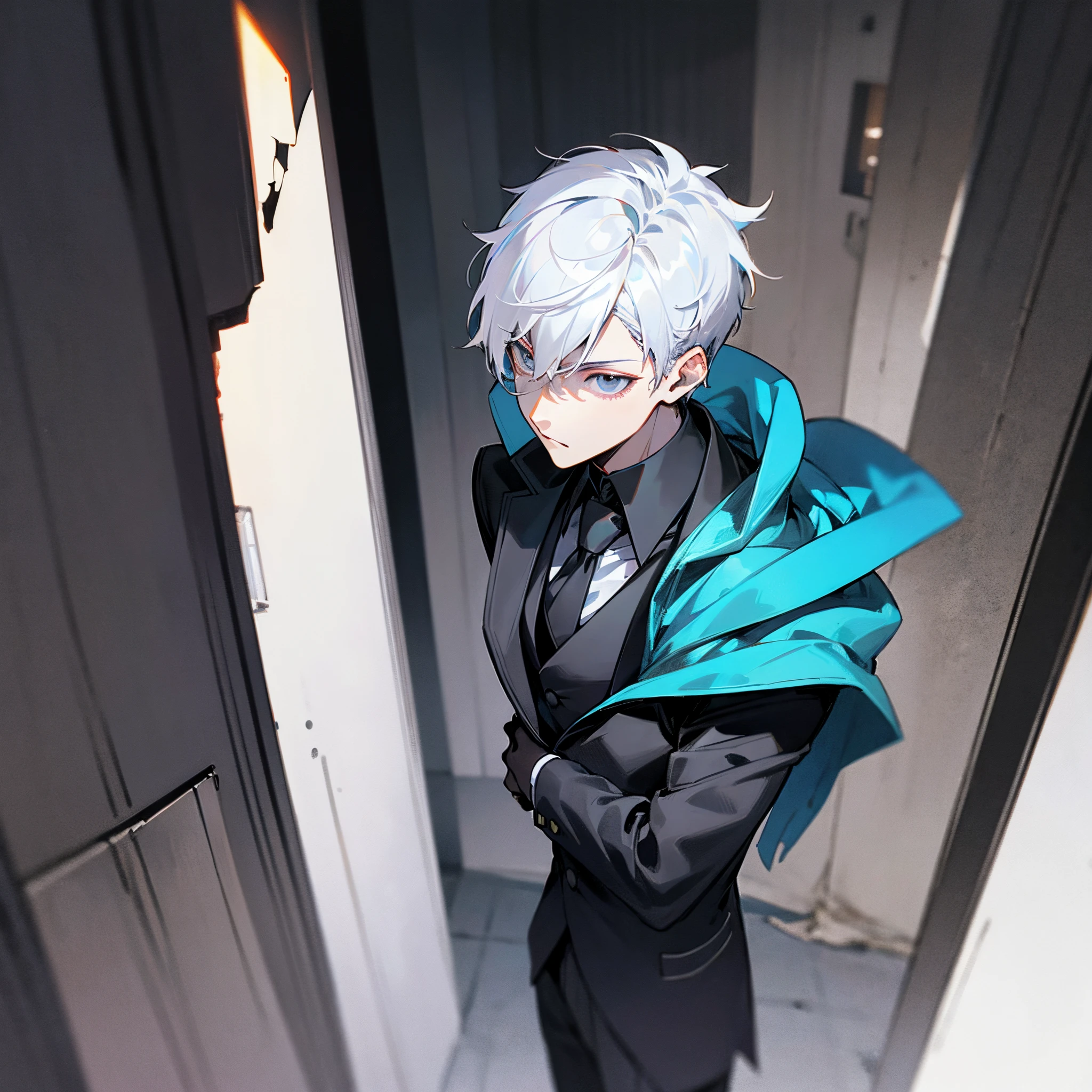 White hair, short hair, black eyes, dark eyes, ager, glowing eyes, handsome male, male protagonist, all black suit, cape, dark hallway background, dark grey energies