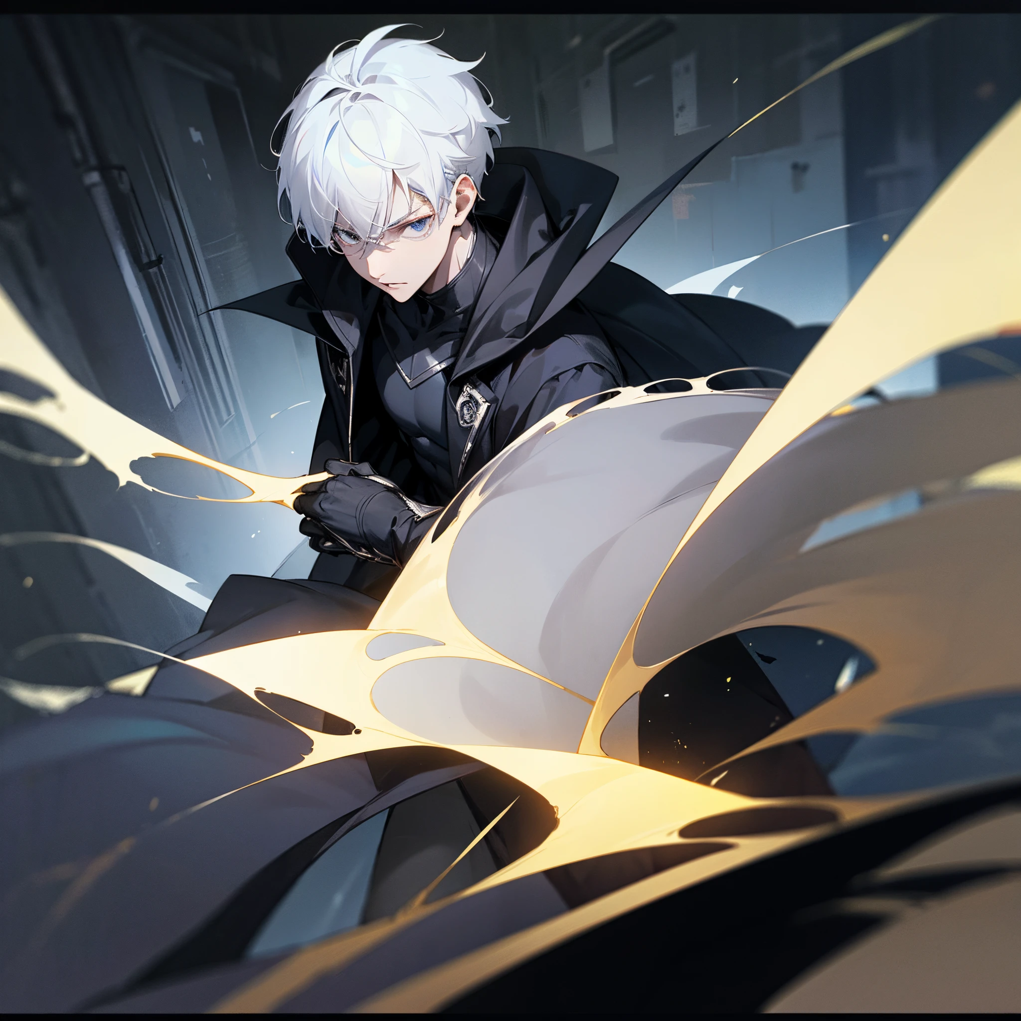 White hair, short hair, black eyes, dark eyes, teenager, glowing eyes, handsome male, male protagonist, all black suit, cape, dark hallway background, dark grey energies