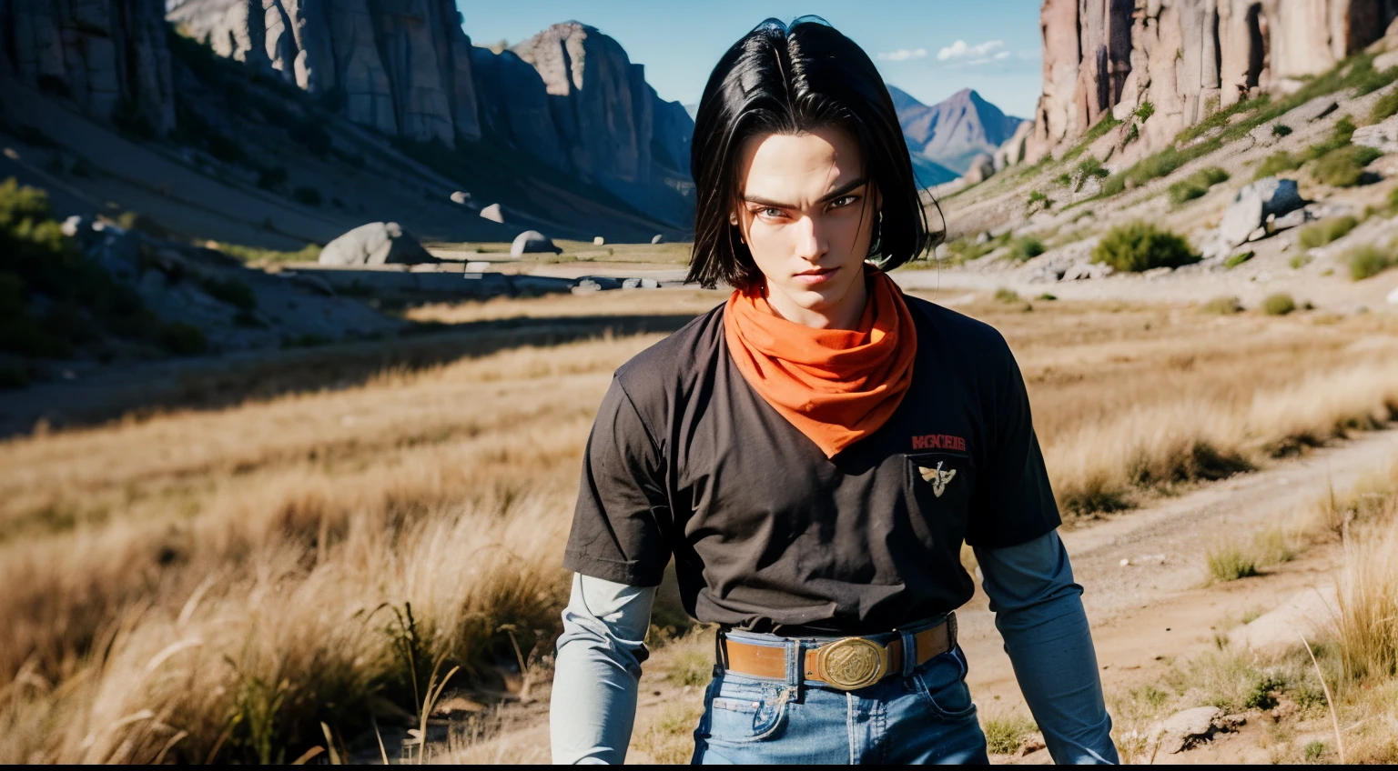 (8k, best quality, masterpiece:1.2),blue sky,rocky grassfields,1boy,android , (black shirt), orange bandana, jeans,brown belt,layered shirt,white sleeves,black hair, blue eyes, parted hair,red patch, short hair,upper body, evil smile, looking at viewer