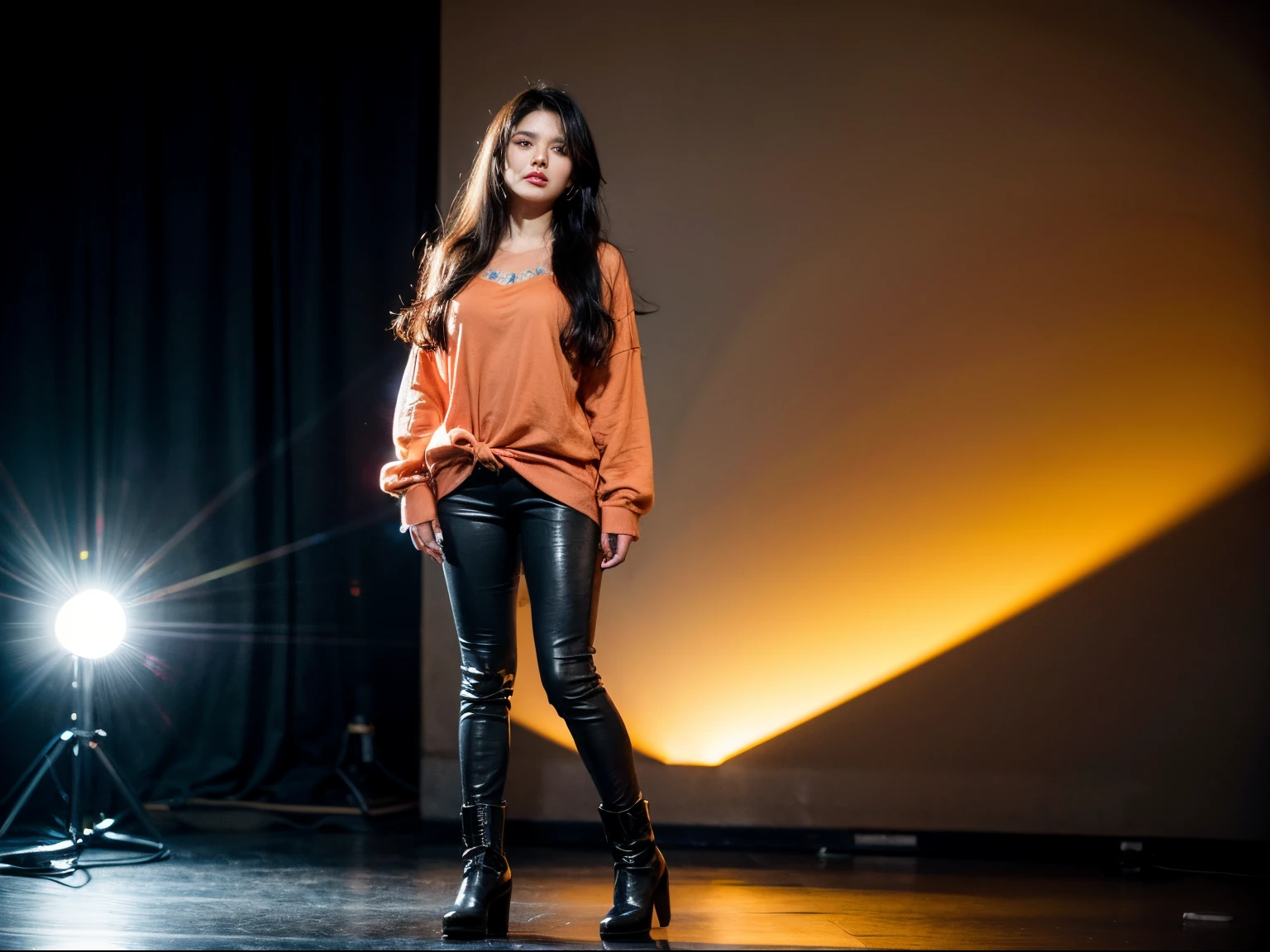 1 woman, she's performing live on small stage, standing on your feet:1.2, full body, low angle from the audience, POV, she's singing, deep soulful singer, (she's wearing orange shirt, black heeled boots and thirst trap tight pants:1.3) , (interior small club, smoky, dark, moody, intimate stage, microphone in stand, velvet drape glitter sequined backdrop:1.1), the violet blue spotlight is mesmerizing on her, a stunning beauty, badass native woman, confident, long styled hair, realistic photo, (45% of photo is black in drawing:1.4), (extraordinary fabric details:0.9),she is intensely looking camera, (cinematic spotlight effect:1.1), smoke in the room reflects lights,(Rembrandt lighting:0.9) ,(relaxed intimate photoshoot), beautiful face, (her hair is dark and long, beaded hair clips,), intense presence, (perfect posture:1.4), cozy relaxed, catching us, beautiful hands, kind eyes, gorgeous soft warm lighting:1.4,, incredible details, ((high contrast)), (deep, darkest shadows), (shadow details:1.0), ((taken using Leica camera, aperture: f/2.3)) , hyper-realistic skin, pores, scar, mole, (natural landscape details), healthy skin,, her arms feel the music, movement,she's standing, relaxed moment, she's in dark with natural light glow, Michael David Rock, Todd Owyoung, Katy-Rose Cummings, Anton Johannes Gerrit Corbijn danny clinch, (romantic light:1.2), radiant skin, perfectly framed face, perfect relaxed hands, perfect fingers, (perfect portrait, incredible eyes:1.1), a work of art, beautiful composition, golden ratio, contrast, inspiring, (highest quality fabric texture), every detail,Fine facial features – (Highest Quality) ,Leica camera film, High quality ○○ detailed – ○○ details ultra detailed(Ultra-fine ), Photorealistic, Extremely detailed(Extremely detailed) , (highest detail image, lens flare, realistic)○○ res – ○○ resolution ultra high res(A high resolution),playful relaxed photos