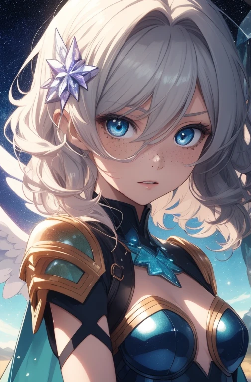 1girl, beautiful anime girl, short wavy hair, celestial, constellation, freckles. Angel, starry, crystal armor, armor made of crystals, made of stars, luminous, light, rainbow, magic, goddess, reaching forward for salvation, dark eyelashes, perfect eyes, perfect face, intricate, intricate details, epic, reaching forward, heaven, character portrait, cinematic portrait, anime, anime art