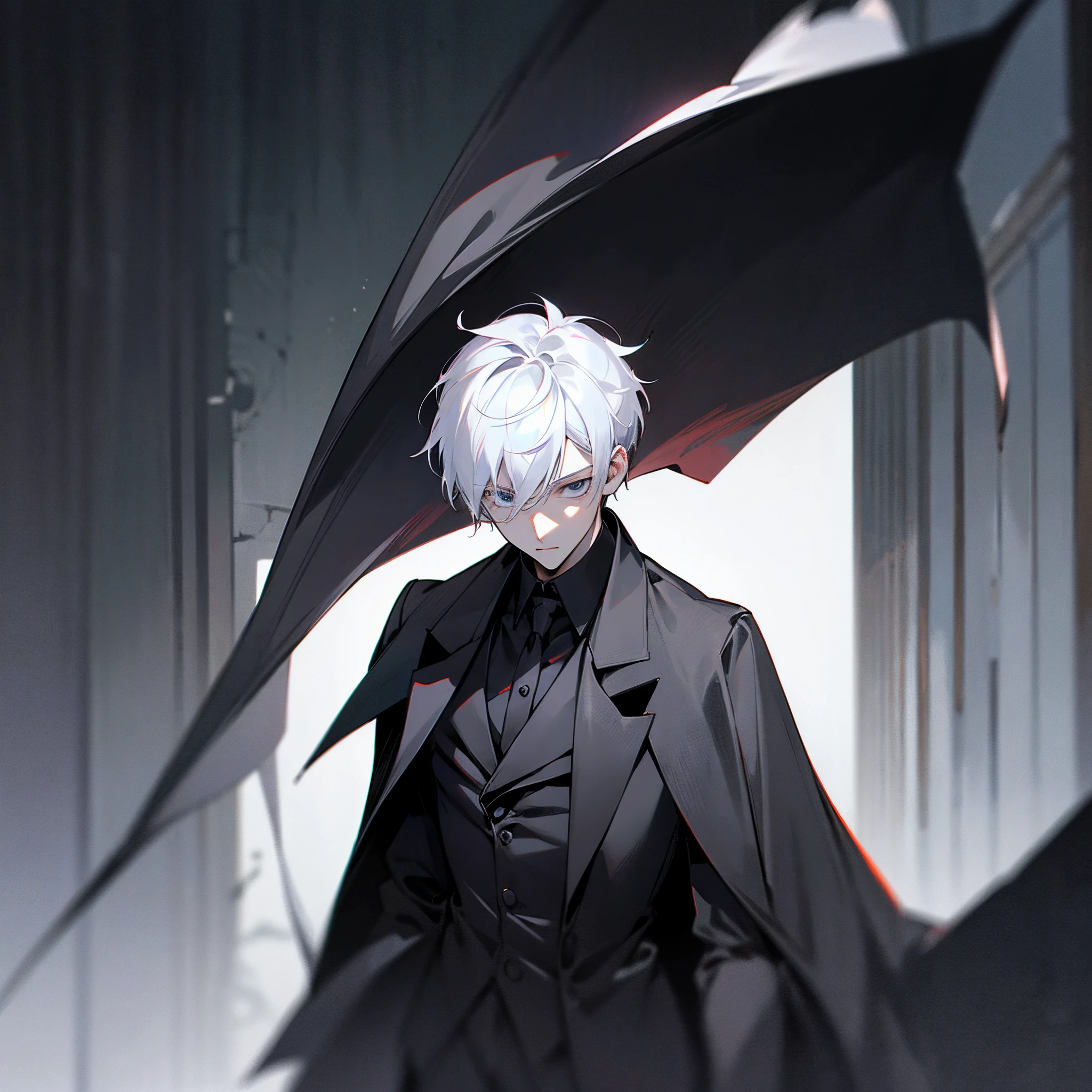 White hair, short hair, black eyes, dark eyes, teenager, glowing eyes, handsome male, male protagonist, all black suit, cape, dark hallway background, dark grey energies