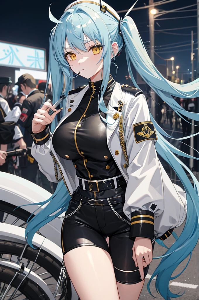 Long hair, Twintail, Light blue hair, Yellow eyes, huge tit, Bikers White Shirt, Bikers Black Jacket, Tight black jeans, Racing Bikes, during night, smoking tobacco,Military uniform, White cap,