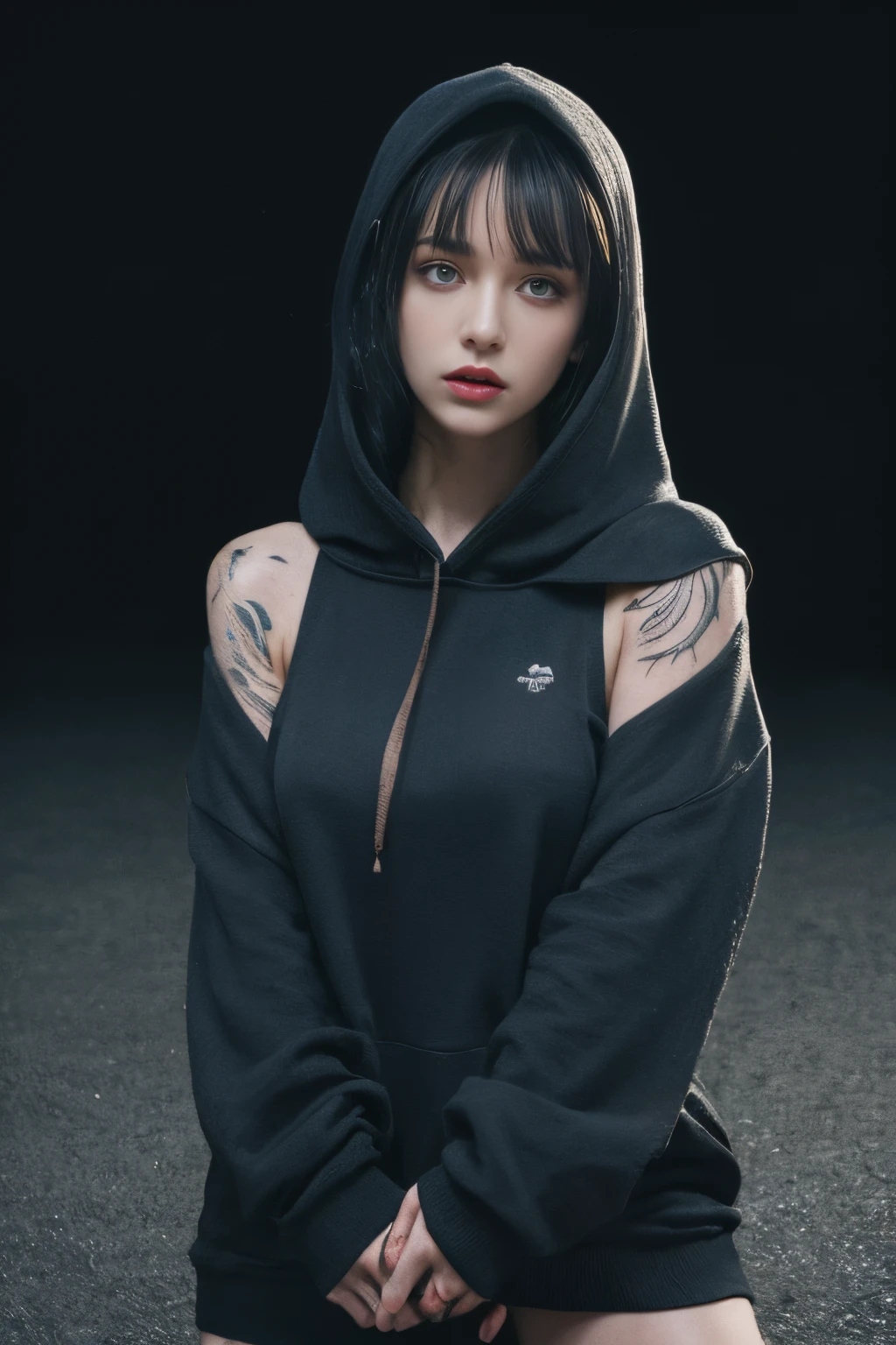 ultra high res, masterpiece, best quality, perfect glossy shiny skins, perfect lighting, detailed lighting, dramatic shadows, ray tracing, black sweater, looking at viewer, off shoulder, Big breasts, Exposed cleavage, blue Eyes, sharp face, sharp eyes, long bangs, short cut hair, nsfw, , ((Dark background)), oversized hoodie, Wearing a black hoodie, Wearing an ugly black hood, wet sweaty, soaking wet, (( tattoos on the arms)) ,