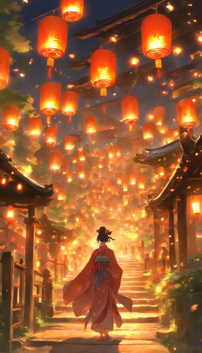 architecture, chinese architecture, landscapes, Crowds、sparklers、plein air, 天空, paper lanterns, 云, a bird, 建筑, mont, Bridge, hold ing, a person々,  ​masterpiece, top-quality,