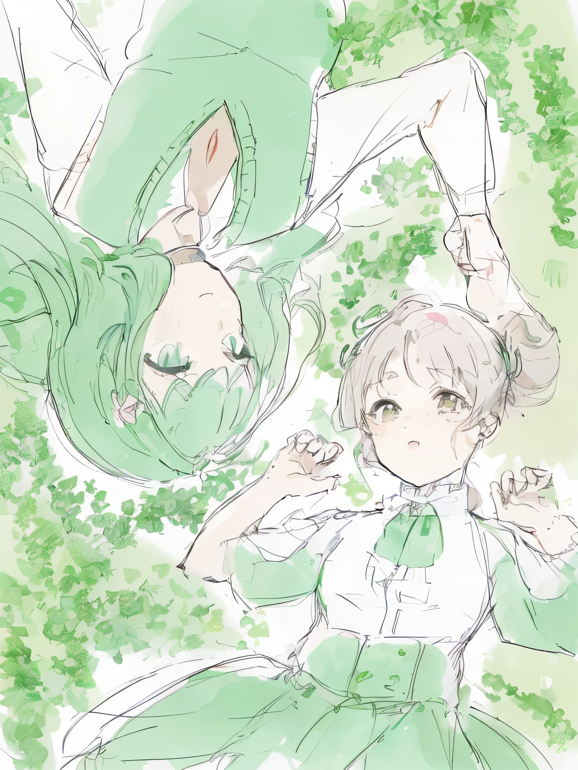(a girl lying on the ground,Loptyne and Matcha (characters),lying on her back,soft anime illustration,color sketch anime manga panel,clover,line drawing,extremely anime style,cyan and green,roissh and clamp style,cute anime style,high-quality fan art,happy disheveled!!!)