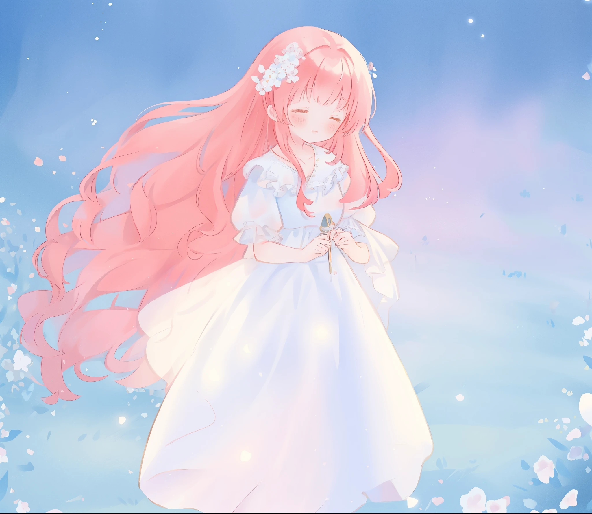 beautiful girl in sparkling white ballgown, puffy flowing ballgown, sheer fluttering sleeves, glowing ballgown, long red gold hair, colorful fantasia background, delicate white flowers in her hair, watercolor illustration, glowing lights, beautiful digital illustration, fantasia otherworldly landscape, beautiful, masterpiece, best quality