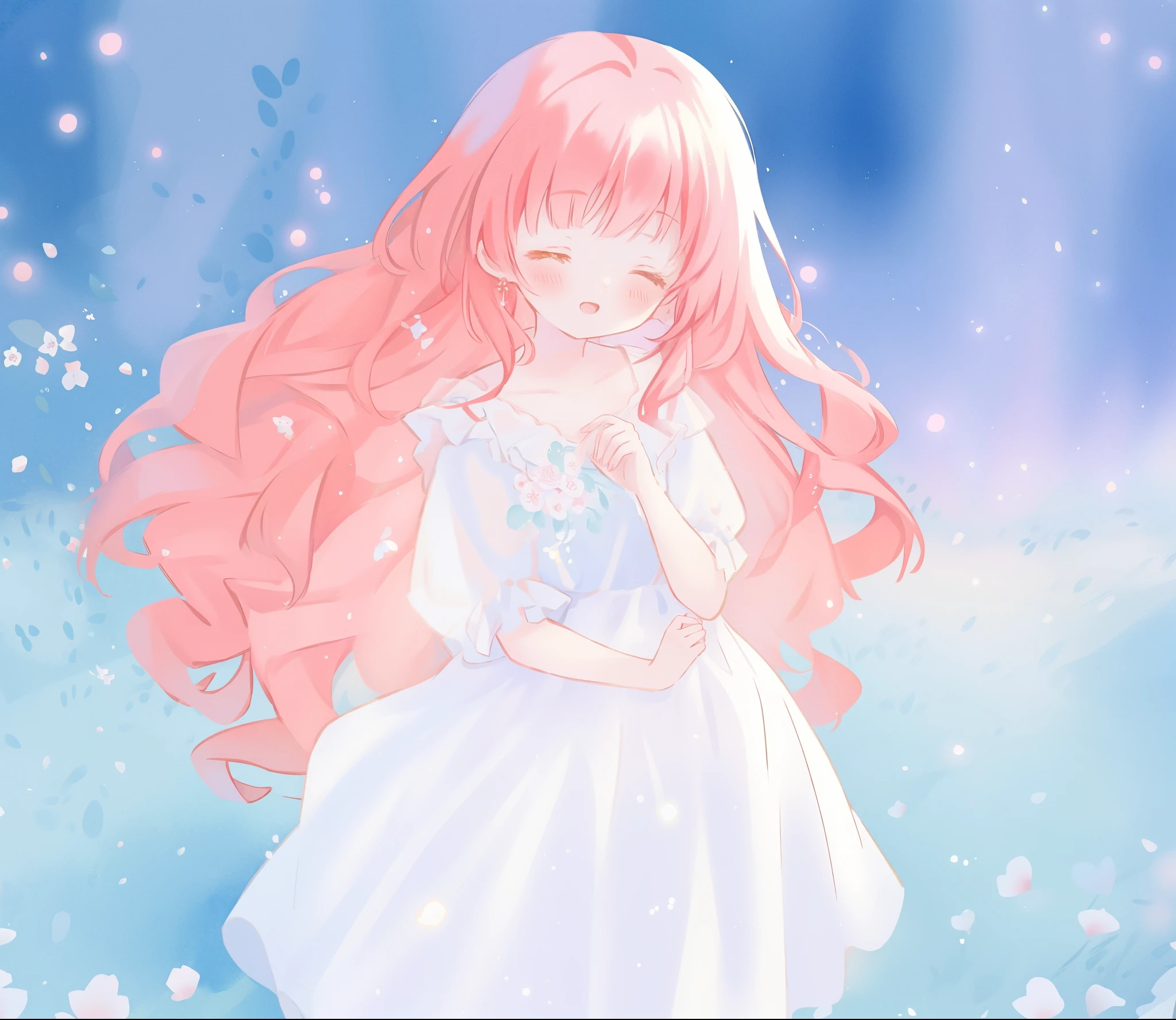 beautiful girl in sparkling white ballgown, puffy flowing ballgown, sheer fluttering sleeves, glowing ballgown, long red gold hair, colorful fantasia background, delicate white flowers in her hair, watercolor illustration, glowing lights, beautiful digital illustration, fantasia otherworldly landscape, beautiful, masterpiece, best quality