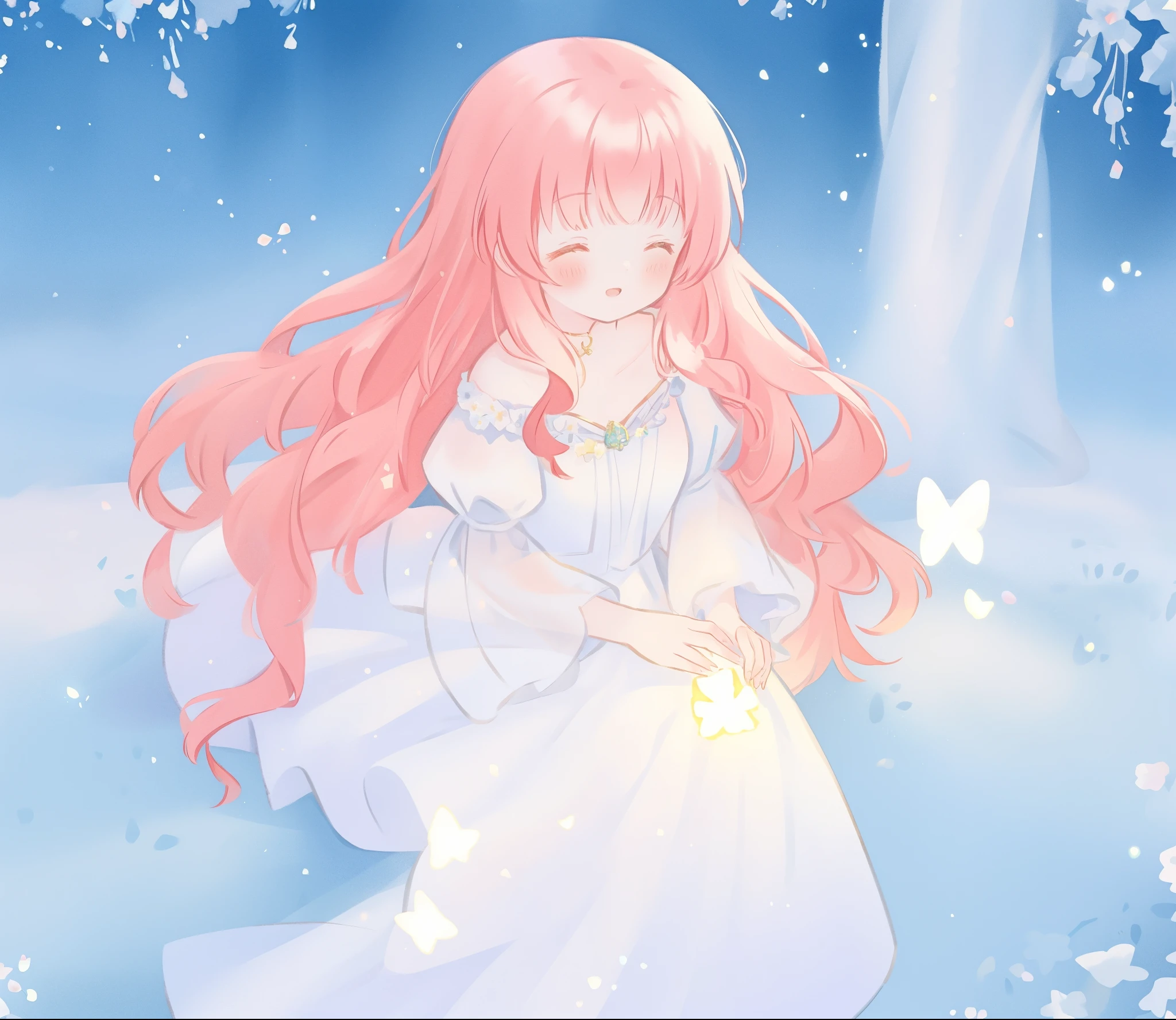 beautiful girl in sparkling white ballgown, puffy flowing ballgown, sheer fluttering sleeves, glowing ballgown, long red gold hair, colorful fantasia background, delicate white flowers in her hair, watercolor illustration, glowing lights, beautiful digital illustration, fantasia otherworldly landscape, beautiful, masterpiece, best quality