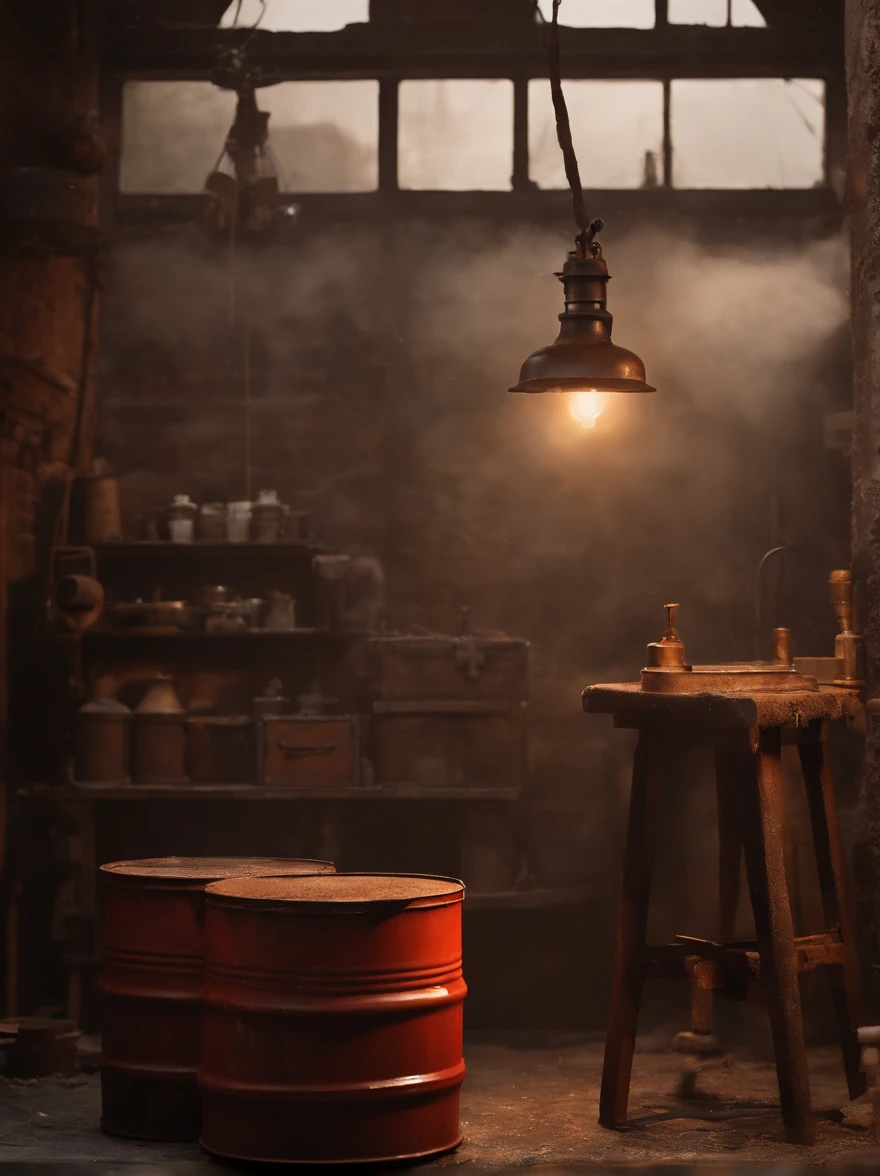 tmasterpiece,winning artwork,8K,The best picture quality,Best CG painting,Front view,Dim light,Shabby red brick wall,The wall is covered with various rusty gears and bearings and metal accessories,A broken oil lamp sits on the corner of the workbench,There is a table vise on the metal workbench,bench drill,pincers,screwdriver,board,Rusty,Dog's breakfast,Covered with dust,spiderwebs,Various metal garbage is scattered on the ground,Gasoline barrels,Paint bucket,Antique color,Cinematic tones,Fading effect
