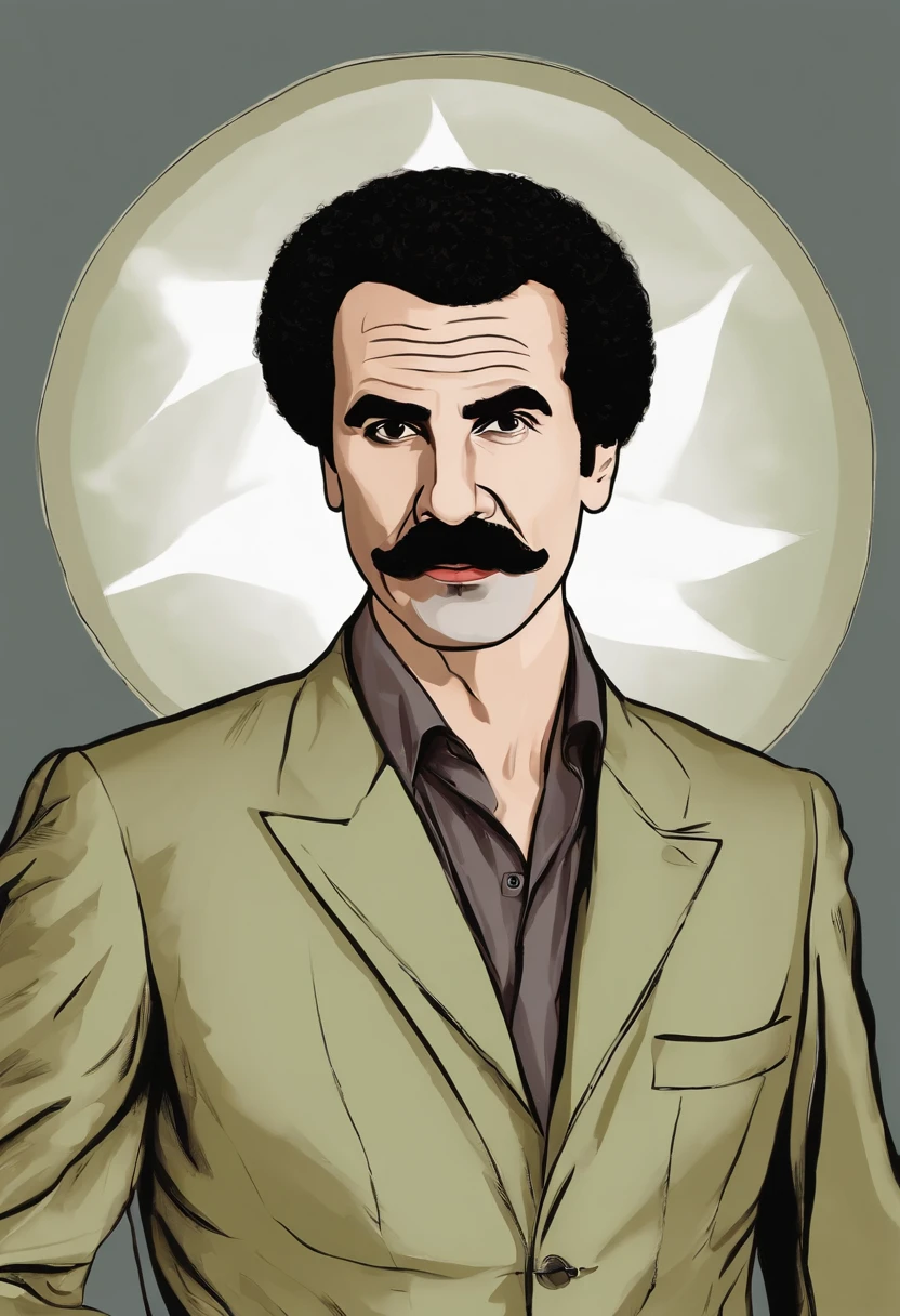 An image of Borat dressed as a paparazzo, sneaking into a red carpet event to capture exclusive celebrity moments.,original,His appearance is marked by a distinctive mustache, a suit of gray or brown, and often a bright green thong swimsuit. He exhibits a strong Kazakhstani accent, and his humor derives from his outrageous statements and actions, which often satirize society’s stereotypes and cultural norms. Despite his outlandish persona, the character is meant to challenge viewers by exposing prejudices and hypocrisies in a comedic way.