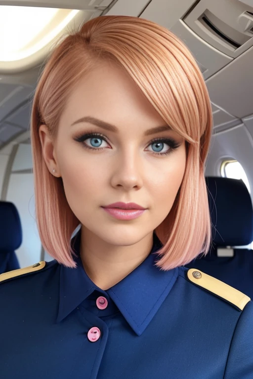 Petite 30 year old flight attendant with light strawberryblonde hair in a short undercut bob and striking blue eyes wearing eye liner, pink lips, in a uniform, detailed face