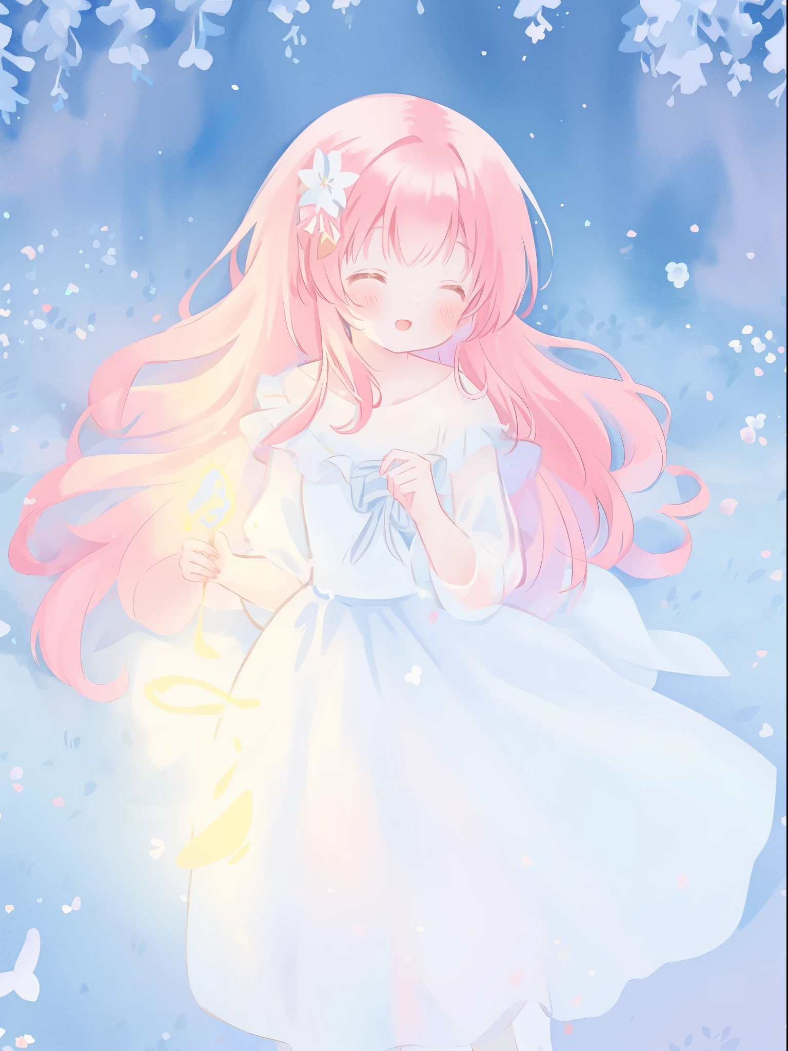 beautiful girl in sparkling white ballgown, puffy flowing ballgown, sheer fluttering sleeves, glowing ballgown, long red gold hair, colorful fantasia background, delicate white flowers in her hair, watercolor illustration, glowing lights, beautiful digital illustration, fantasia otherworldly landscape, beautiful, masterpiece, best quality, (vibrant pastel colors), (colorful)