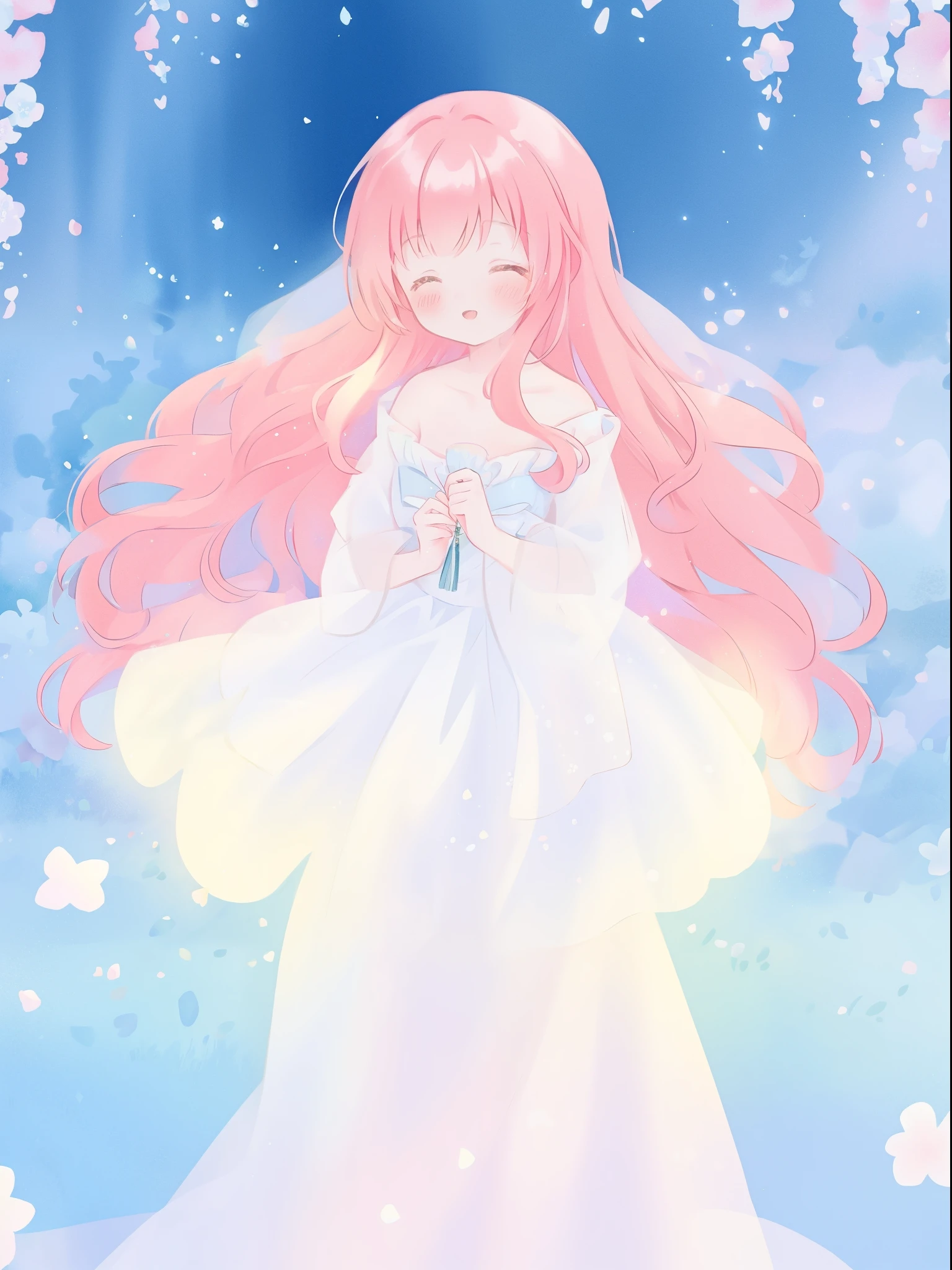 beautiful girl in sparkling white ballgown, puffy flowing ballgown, sheer fluttering sleeves, glowing ballgown, long red gold hair, colorful fantasia background, delicate white flowers in her hair, watercolor illustration, glowing lights, beautiful digital illustration, fantasia otherworldly landscape, beautiful, masterpiece, best quality, (vibrant pastel colors), (colorful)