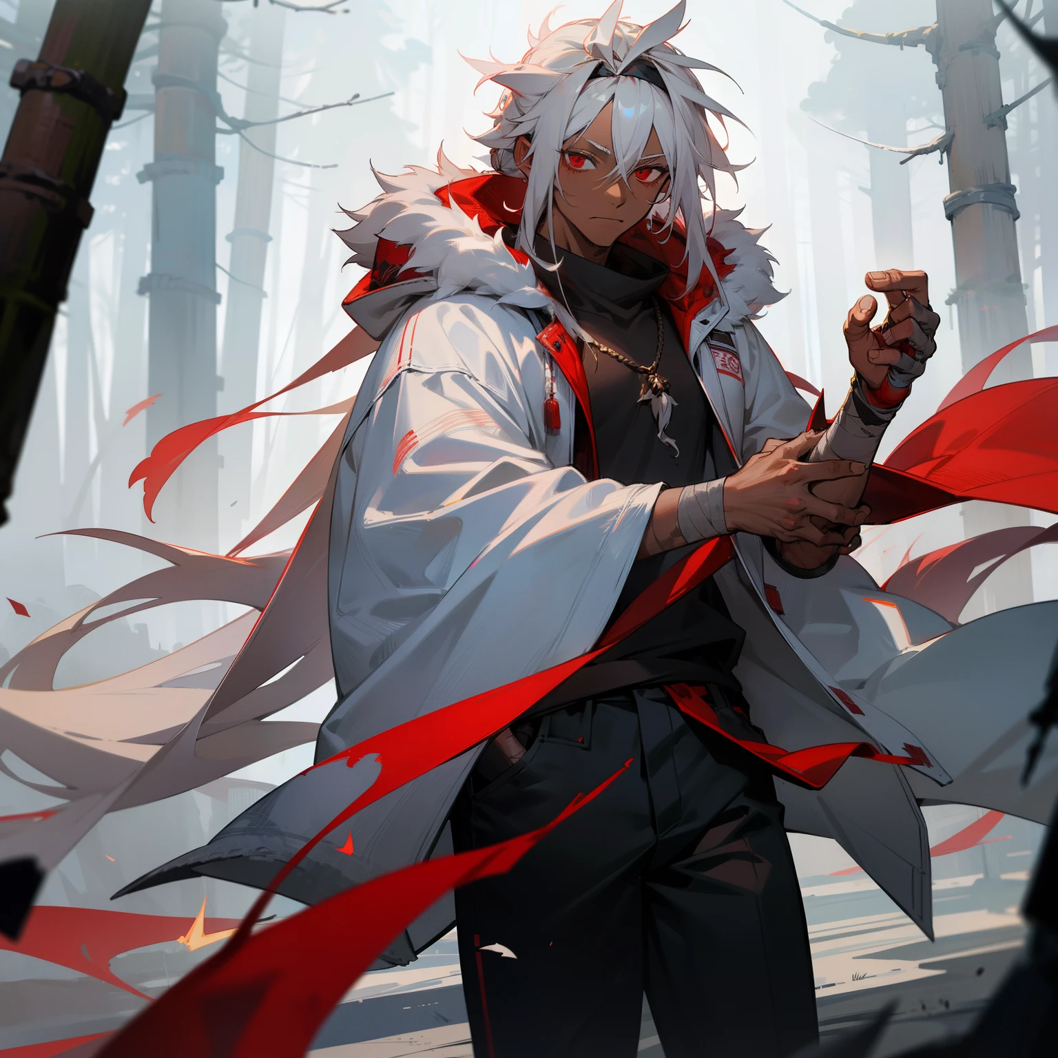 masterpiece, 1male, adult, casual clothes, oversized fur hood, pants, messy white hair, long length hair with man bun, somber expression, red eyes, dark skin, bandages wrapped around arms and hands, scars, walking down path, dark forest, blue lightning surrounding body, horn, muscular, tattoos