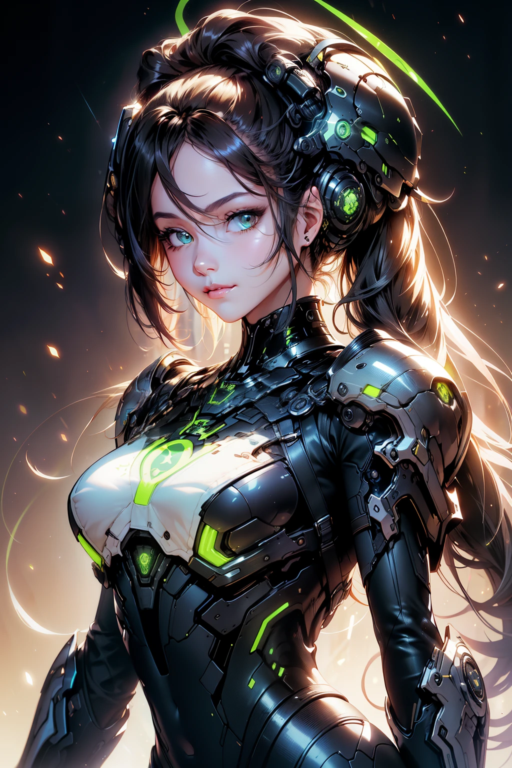 masterpiece, best quality, beautiful detailed hair detailed face, perfect feminine face, (happy:1.2), cyberskull mask, (close-up potrait:1.2), face focus, a beautiful and cute warframe woman and glowing blue ponytail hair, blue neon lighting, (sci-fi cyberpunk bodysuit), (heavy armor), solo, 1girl, ahoge, side hair, very long hair, shiny skin, shiny foreheads, lens flare, sharp focus, volumetric lighting, trending on artstation, pixiv, by sakimichan, george kamitani, akira yasuda, alphonse mucha, greg rutkowski, gil elvgren, william-adolphe bouguereau