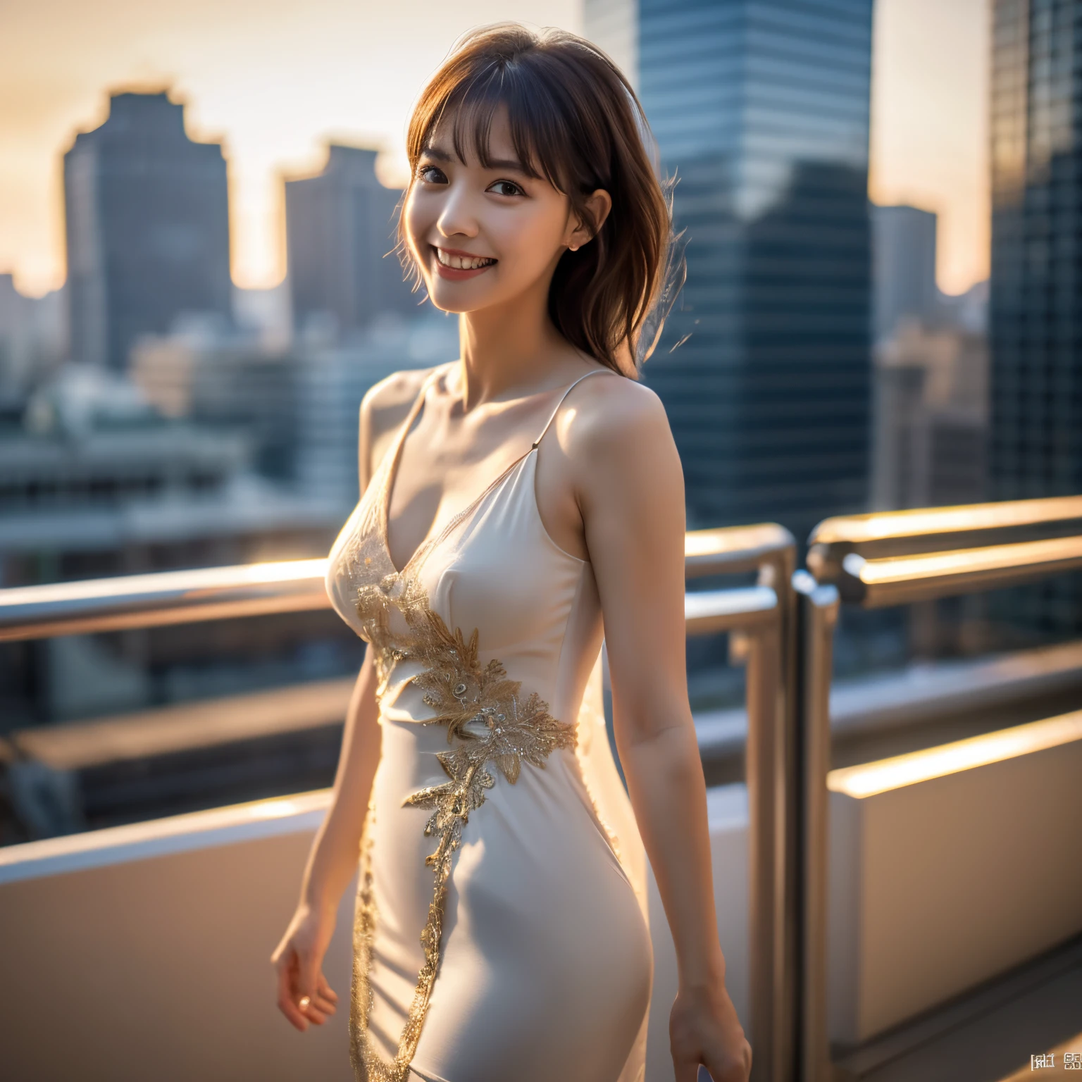 8K, masutepiece, Raw photo, Best Quality, Photorealistic, Highly detailed CG Unity 8K wallpaper, depth of fields, Cinematic Light, Lens Flare, Ray tracing, (Extremely beautiful face, Beautiful lips, Beautiful eyes), intricate detail face, ((Ultra detailed skin)) 1girl in, In the Dark, deepshadow, Pretty girl, (Very slim and slender fit muscular body:1.3), ((Looking at Viewer)),(Big smile:1.3), Clear eyes, Front shot, (pale skin), (Big eyes), Face forward, (upperbody shot), (Brown hairs), (Looking at Viewer:1.3), Very slim, medium breasts, thick thighs, laced stockings, Cityscape, On the rooftop , dim lights, Blurry background, (Night), Golden dress, veranda, Sparkling Dress, see through dress、((fullllbody))、White High Heels