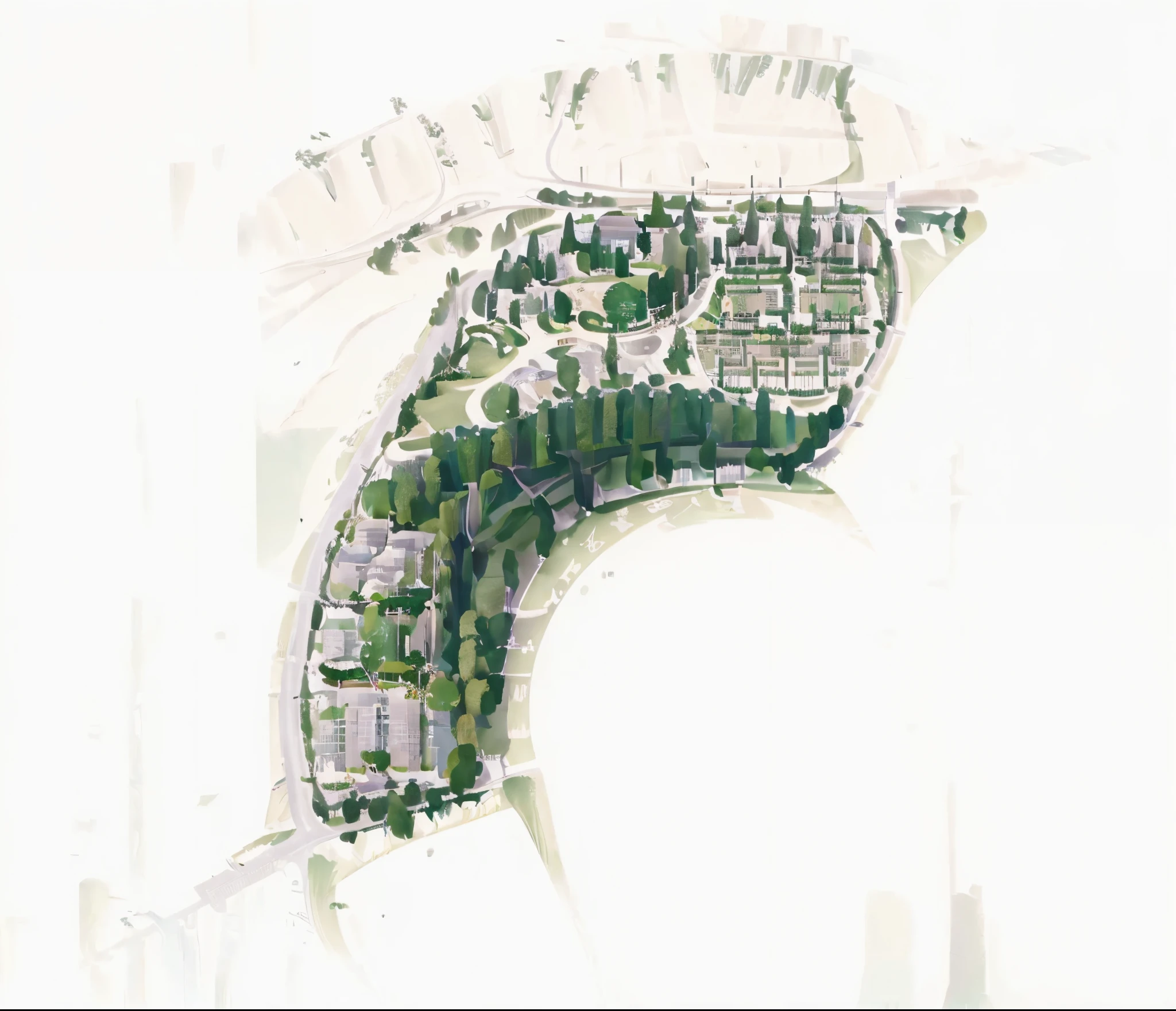 a drawing of a plan of a park with a lot of trees, barycentric subdivision, residential area, green scheme, village, overview, aerial illustration, suburb, cut-away, urban planning, city park, residential, residential design, conceptual, layout design, circular, digital rendering, layout of map, a park, by Orshi Drozdik