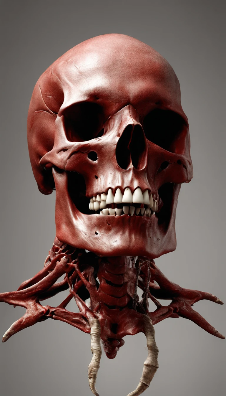 (ultra - detailed, A high resolution, Best quality at best, actual:1.37), Blood-red skull, Bone structure, full-body portraits, The presence of demons, fleshy texture, Surreal art, vivd colour, dramatic lights