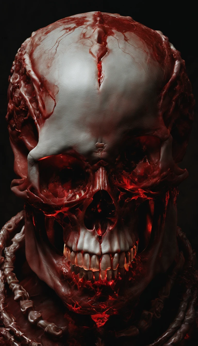 (ultra - detailed, A high resolution, Best quality at best, actual:1.37), Blood-red skull, Bone structure, full-body portraits, The presence of demons, fleshy texture, Surreal art, vivd colour, dramatic lights