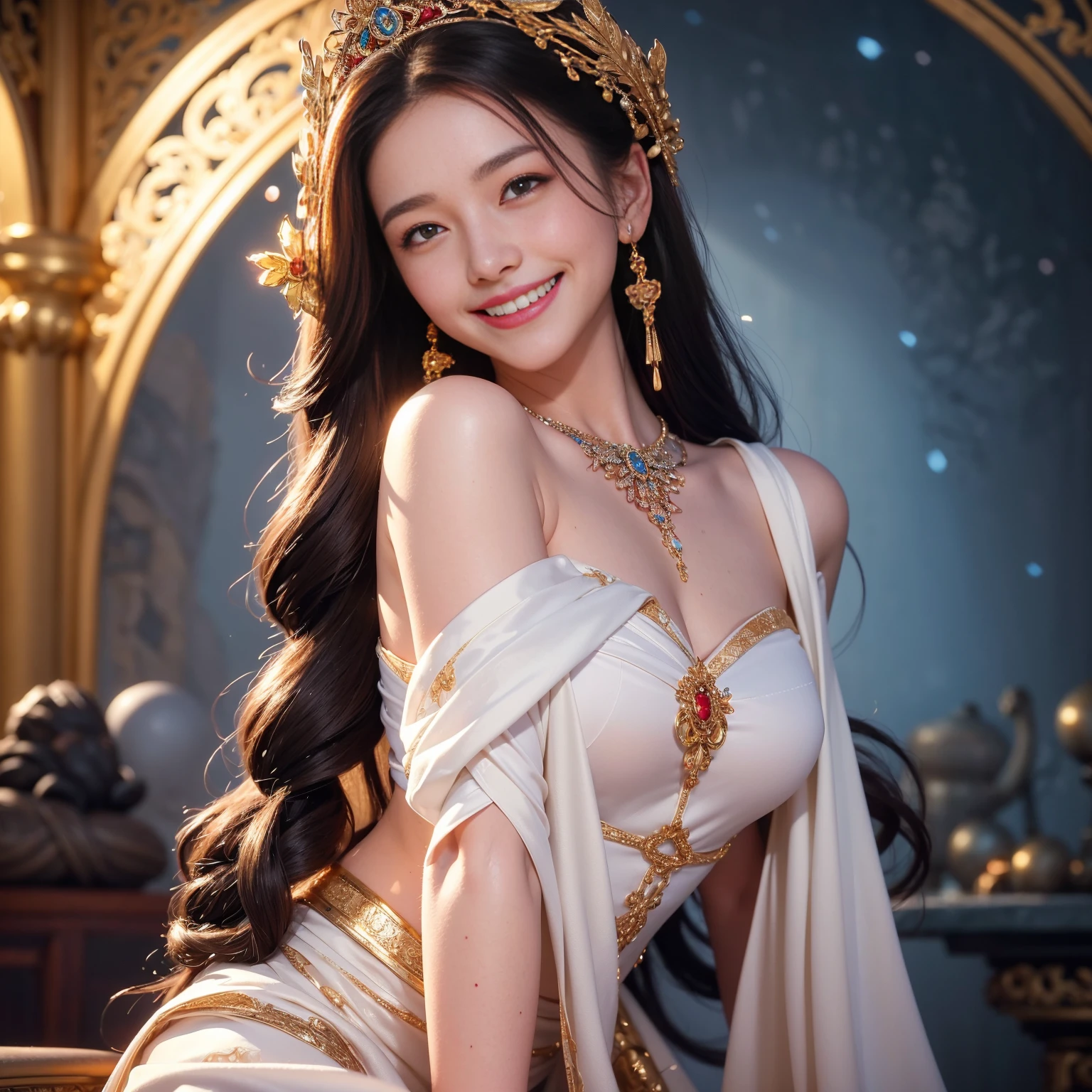 portrait of a beautiful 20 year old holy woman, wearing a thin multicolored silk dress, a beautiful face without blemish, without freckles and moles on her face, (((beautiful smile:1.4))), ((7 color long hair:1.2)), big crown, hair brooch, handful dress, chinese ancient style, full body jewelry, forehead tattoo: (very even and red lips, face full of details, face 1.8) the goddess' skin is smooth white, rosy, cinematic, light and dark, dramatic light, magical light, extremely detailed light, true color, super sharp, realistic, 8k quality, fantasy universe background, saint and magical space, the most detailed image, sexy, Christmas