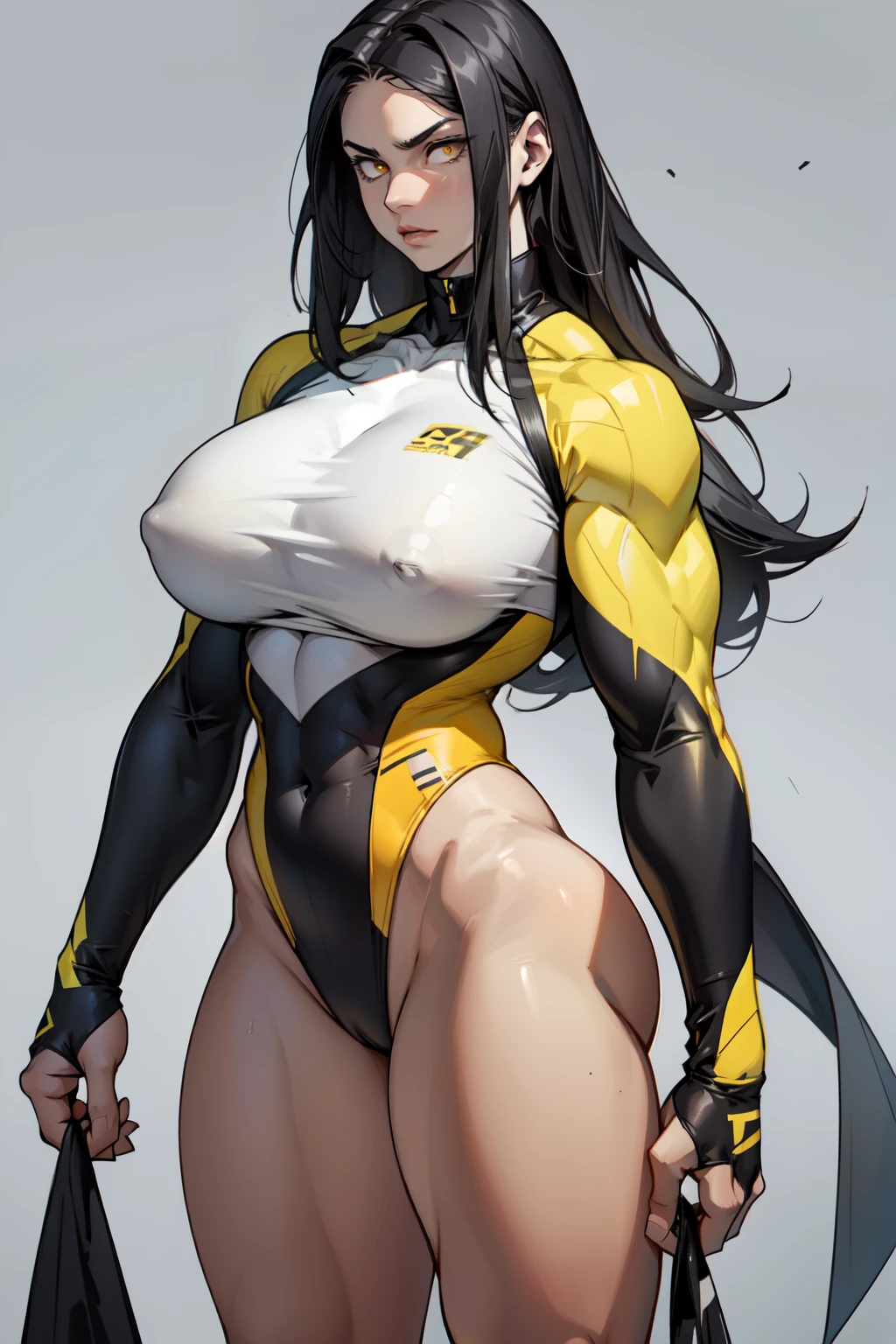 ((1girl)) pale skin (huge breasts) (muscular) toned body thick thighs black hair yellow eyes (long hair grey background) bodybuilder serious long sleeve leotard