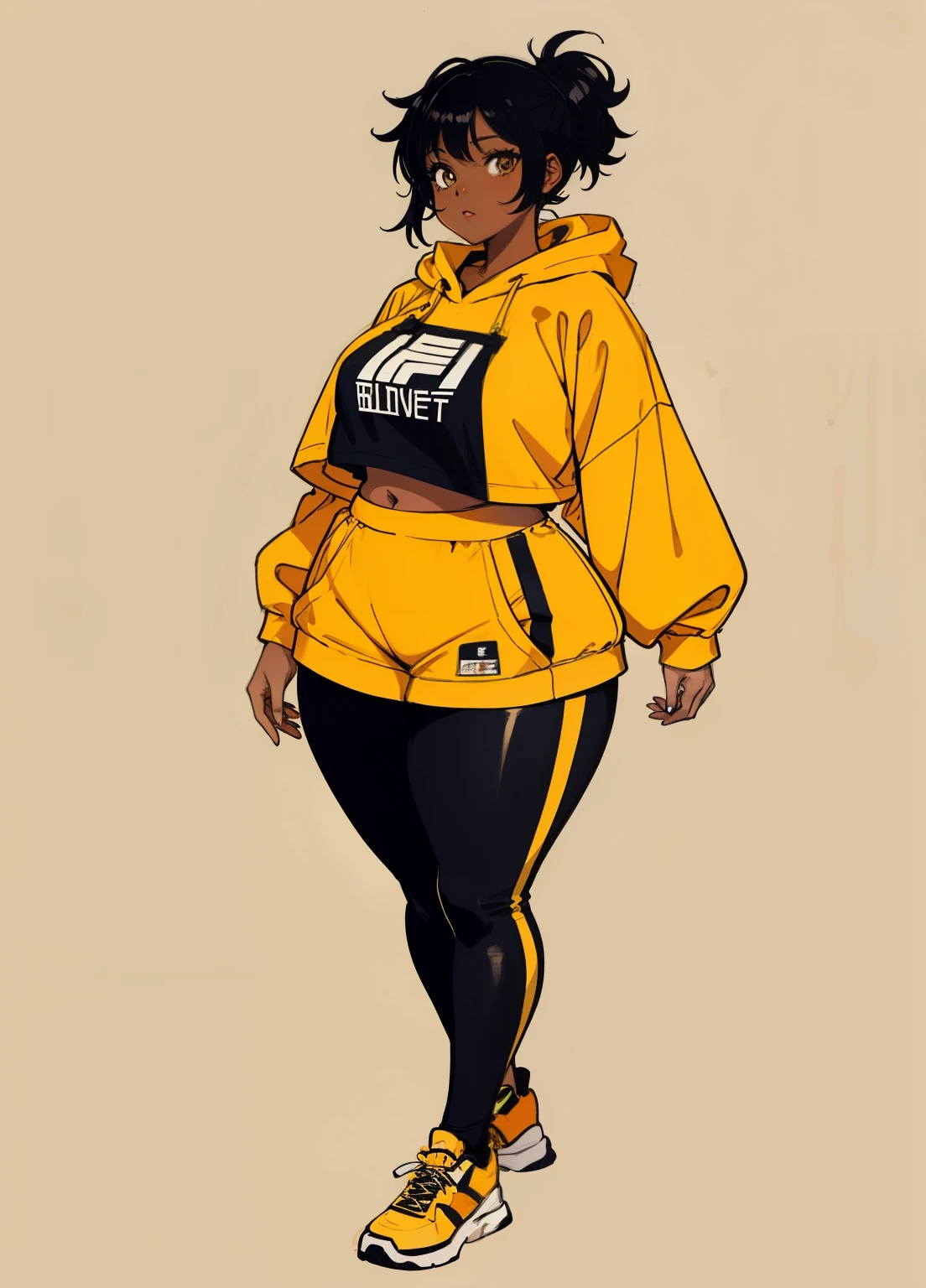 a cartoon of a fat black woman, pale yellow crop top hoodie and black tights, long sleeves, she is wearing streetwear, short hair, full body illustration, fullbody commission for, anime full body illustration, full body portrait of a short!, oc commission, urban girl fanart, orange and black, detailed full body portrait, character full body portrait, outfit design, woman in streetwear, detailed full body concept, chubby, fat. full t-shirt