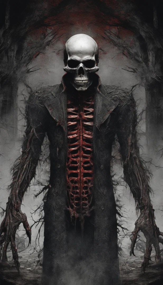 (ultra - detailed, A high resolution, Best quality at best, actual:1.37), Blood-red skull, Bone structure, full-body portraits, The presence of demons, fleshy texture, Surreal art, vivd colour, dramatic lights