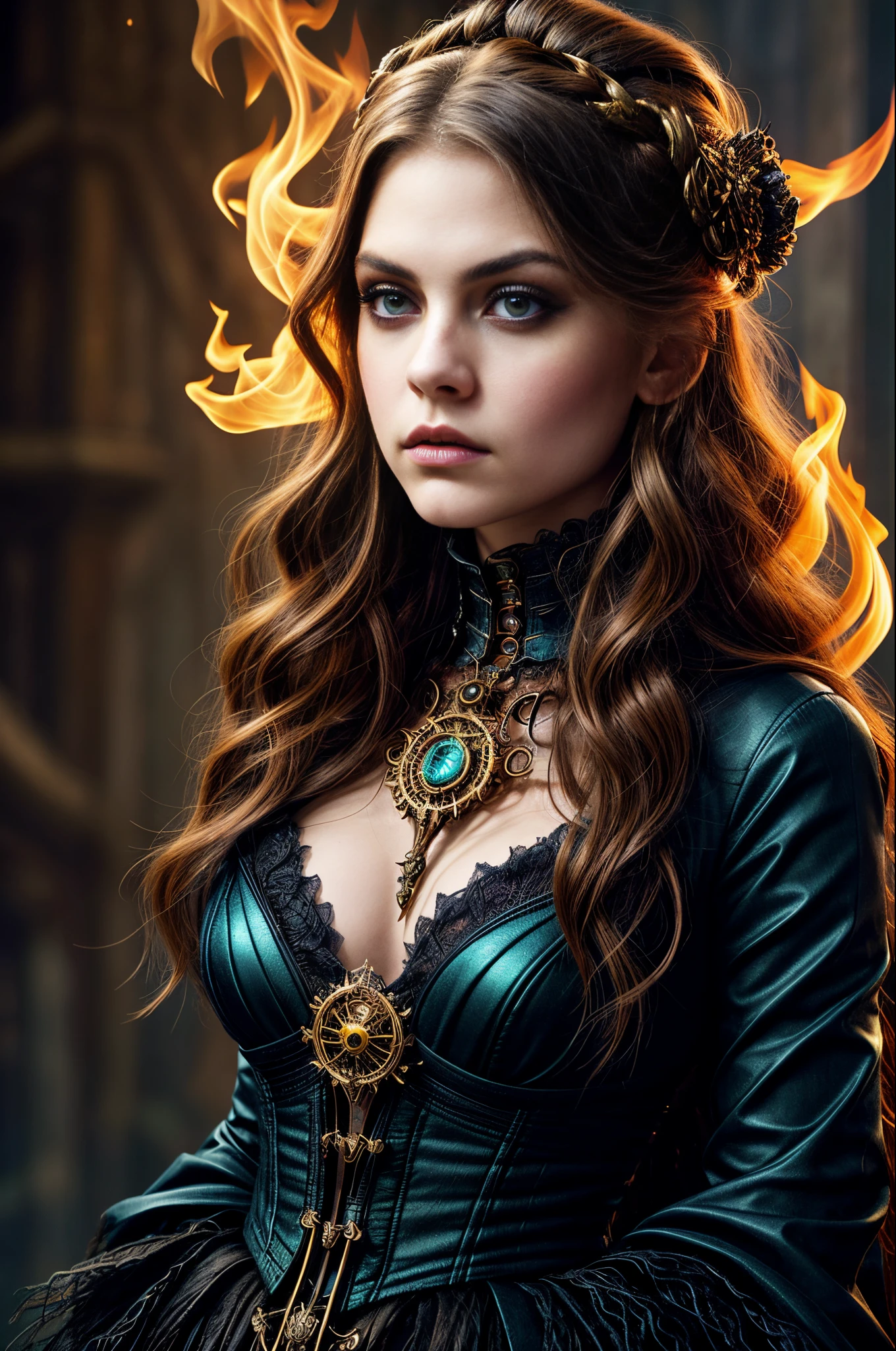 (face mista de Cara Delevigne),((face mista de Avril Lavigne)),((face mista de Kate Bekinsale)),((face mista de Alexandra Daddario)),In an astonishing display of photorealism, behold the manifestation of a mesmerizing fantasy witch girl. She materializes before you, her body composed entirely of roaring dark flames that emanate a deep, smoky glow. The flames cascade and flicker with an entrancing combination of dark reds, blacks, and greys, exuding an overwhelming sense of power and raw energy. Her piercing eyes, ablaze with an orange light, captivate your gaze, reflecting the intense heat within. Despite her fiery form, her face bears the intricate makeup of a skull, adding an eerie and haunting touch to her visage.

Her attire, meticulously crafted, is a fusion of steampunk Lady Mechanika style entwined with elements of Native American, Wiccan, Viking, and Gothic fashion. This amalgamation of styles creates a truly unique and enchanting ensemble, embodying the intersection of elegance and elemental chaos.

Surrounded by a fantastical realm, the environment that envelopes her is a breathtaking sight to behold. Ethereal landscapes stretch beyond the horizon, bathed in a mystical atmosphere. Enigmatic elements dance in the air, further enhancing the magical ambiance of the scene.

To bring this captivating image to life, the digital artwork will employ the finest attention to detail, utilizing a masterful interplay of dark colors, seamless fluid lines, and intricate textures. The result will be a dynamic and captivating rendering that showcases the ethereal beauty and fiery essence of the fantasy witch girl, leaving viewers in awe of her presence.

[ar] --ar 16:9
[v] --v 5