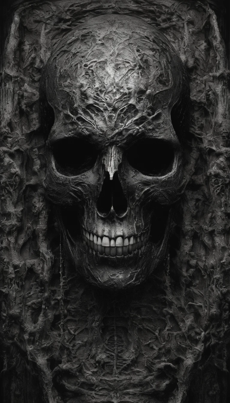 (ultra - detailed, A high resolution, Best quality at best, actual:1.37), Blood-red skull, Bone structure, full-body portraits, The presence of demons, fleshy texture, Surreal art, vivd colour, dramatic lights