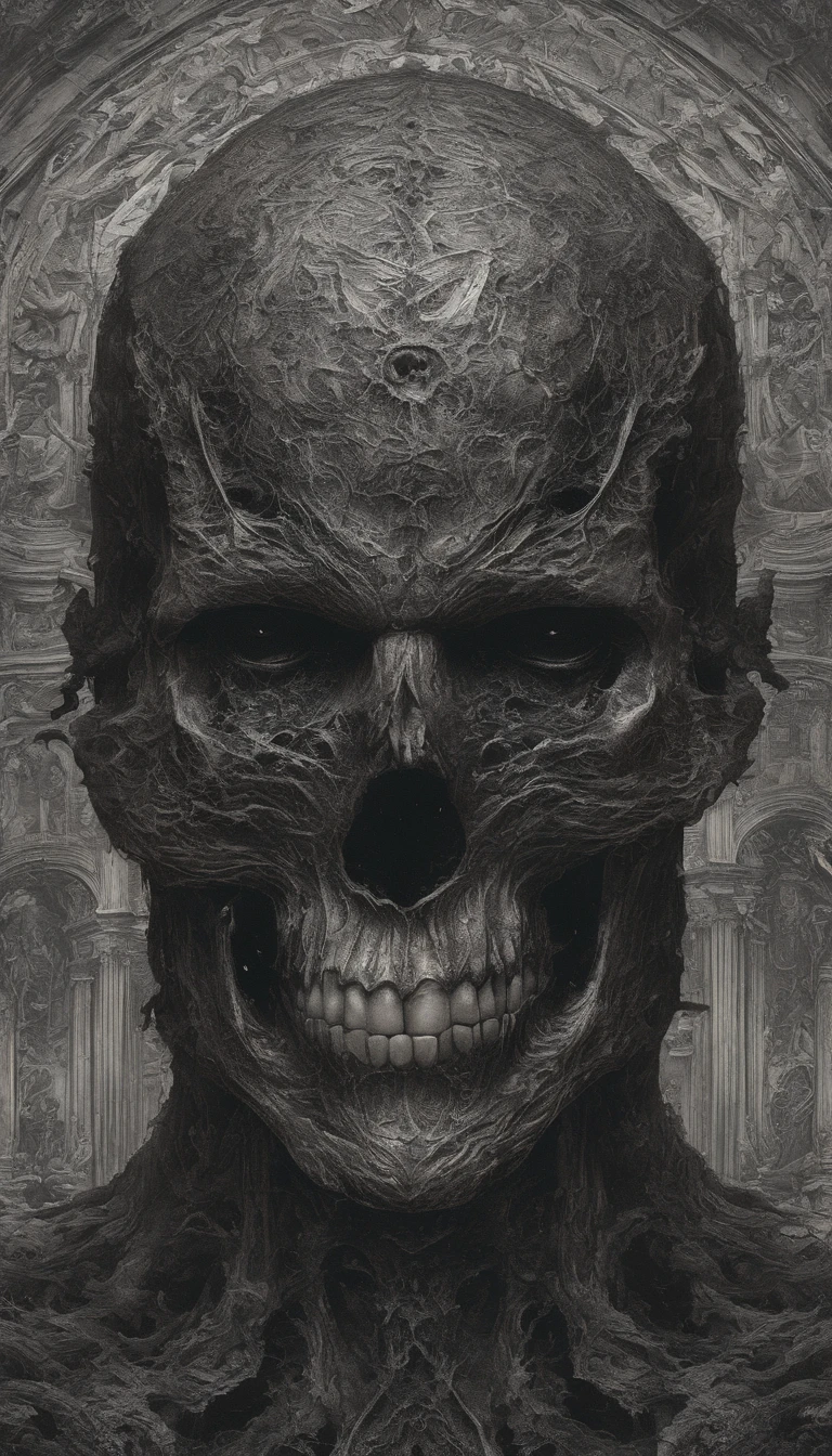 (ultra - detailed, A high resolution, Best quality at best, actual:1.37), Blood-red skull, Bone structure, full-body portraits, The presence of demons, fleshy texture, Surreal art, vivd colour, dramatic lights