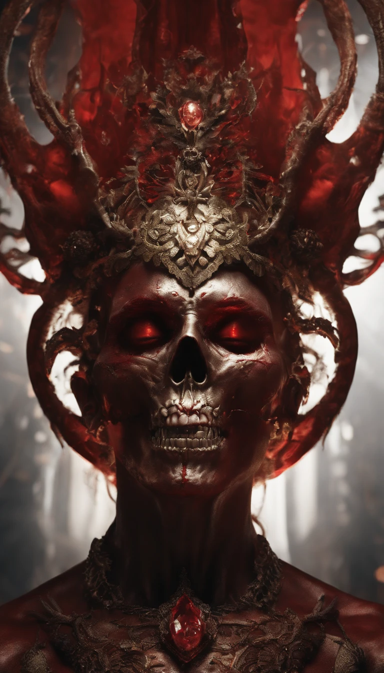 (ultra - detailed, A high resolution, Best quality at best, actual:1.37), Blood-red skull, Bone structure, full-body portraits, The presence of demons, fleshy texture, Surreal art, vivd colour, dramatic lights